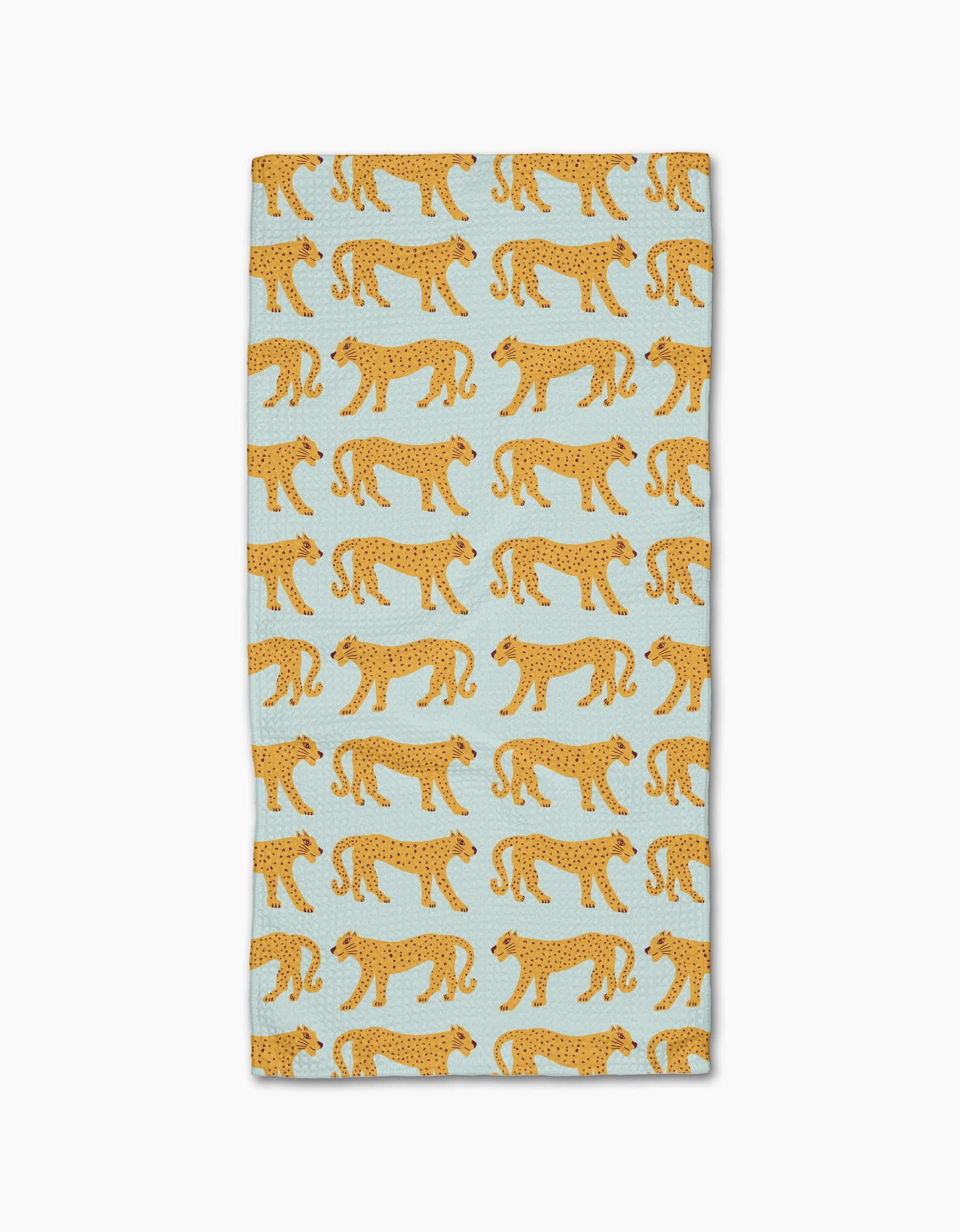 The Walking Cheetah bar towel by Jasmine Blooms Designs features a light blue rectangle with rows of orange, black-spotted cheetahs and is made from ultra-absorbent recycled materials for style and sustainability.