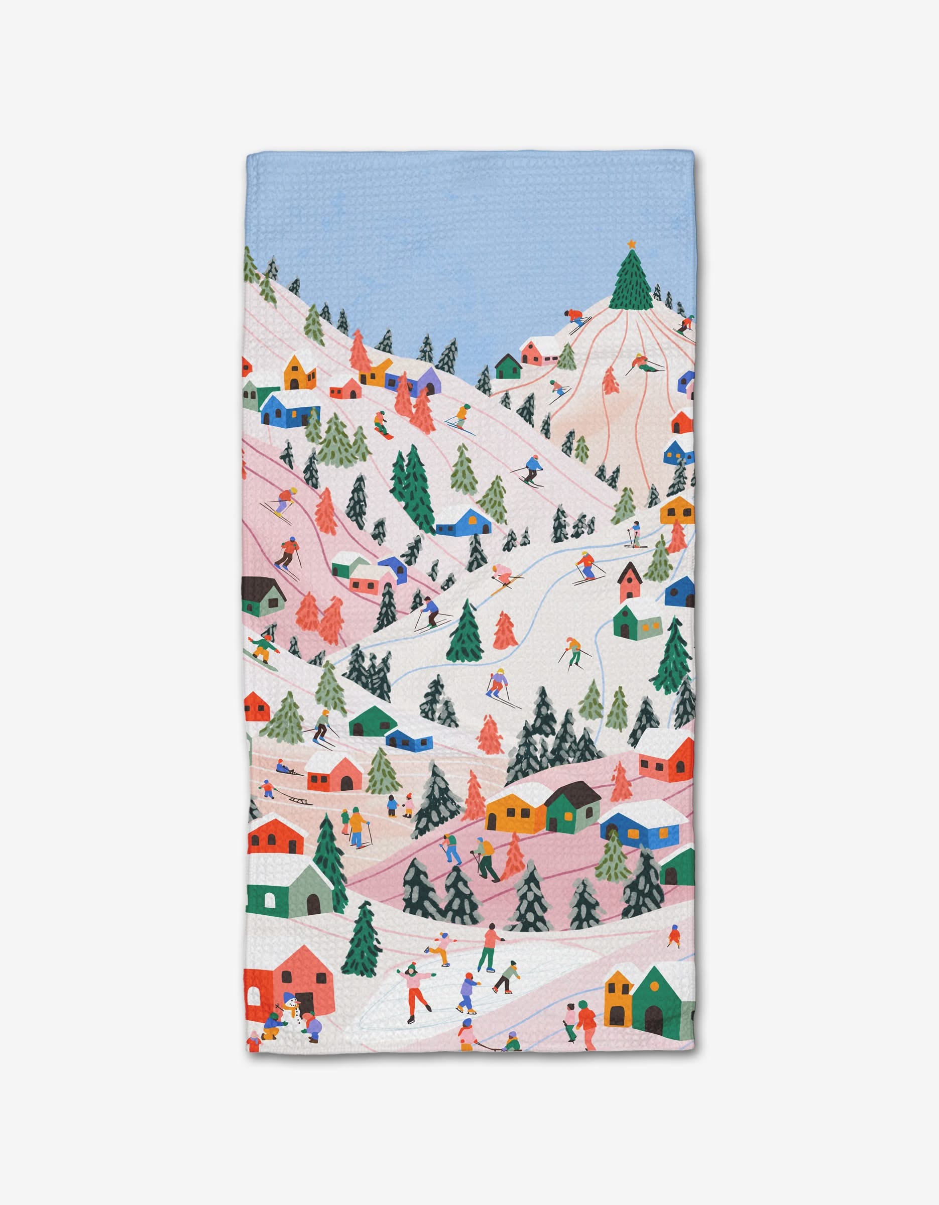Winter Holiday by Ceyda Alasar features a snowy mountain village with skiers and vibrant houses—printed on durable Geoweave fabric, making it a perfect, unique bar towel.