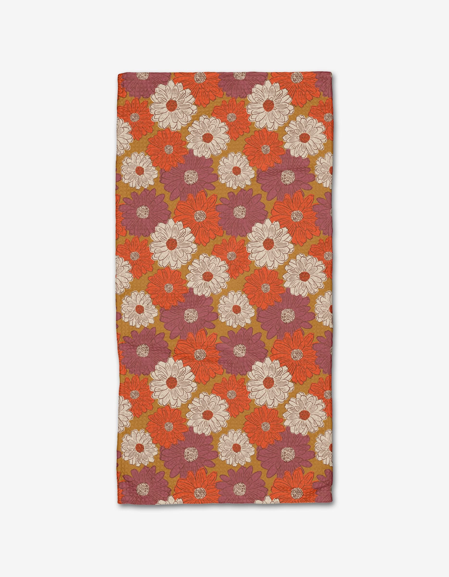 The Kayla Ann Zinnia Forever bar towel features a retro floral pattern with bold orange, cream, mustard yellow, and purple flowers on mauve, made from recycled materials.