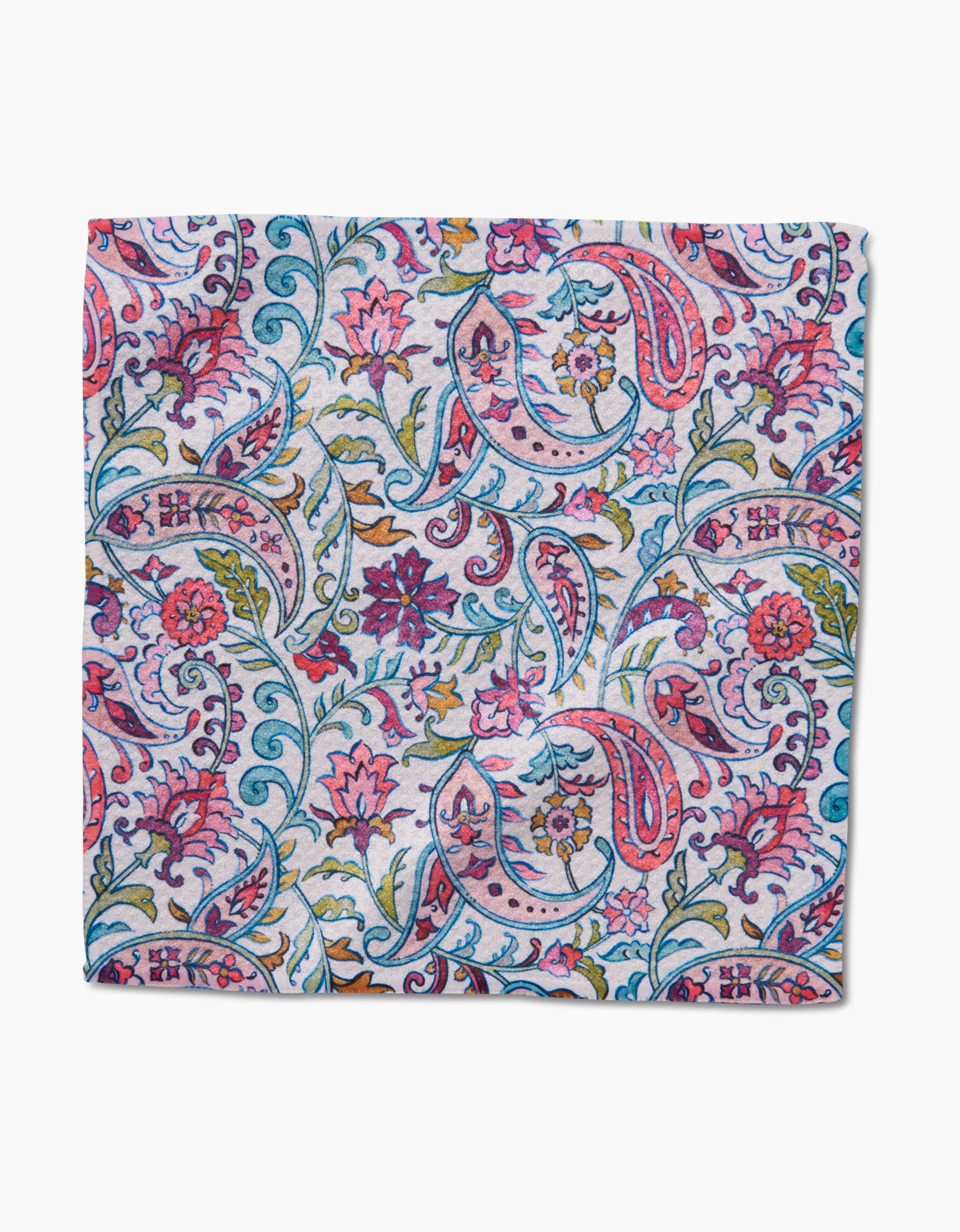 The Bazaar square handkerchief by Maayan Alper-Swan features a vibrant, densely packed paisley pattern with blue, pink, red, and yellow floral and leaf accents on Geoweave fabric for a lively look.