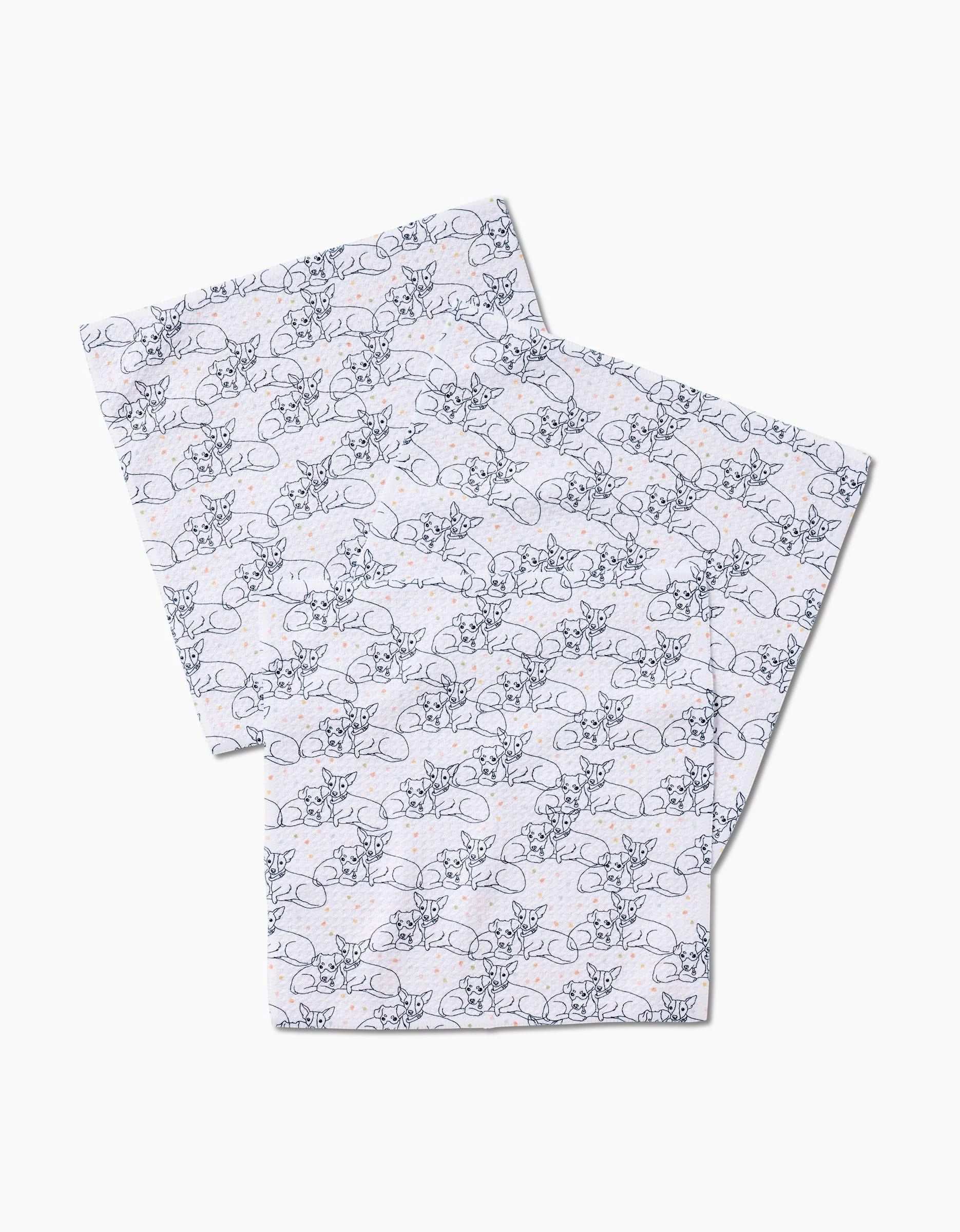 The Berry and Louie dishcloths from Sweet Simple Vegan are white, rectangular, and made from recycled materials featuring repeating black and gray cartoon cats with yarn balls set on a clean white background.