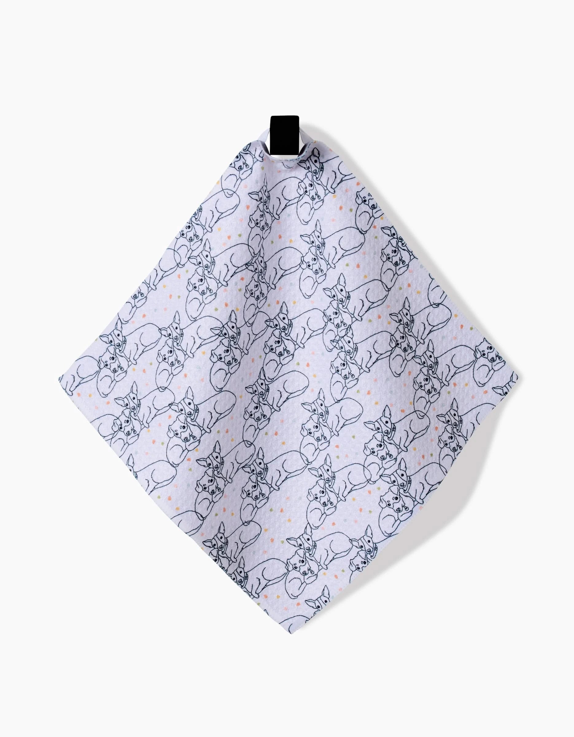 The Berry and Louie dishcloth by Sweet Simple Vegan is made from recycled materials and features a light background with a cat line-art pattern and orange dots, hanging from a black loop against a white backdrop.