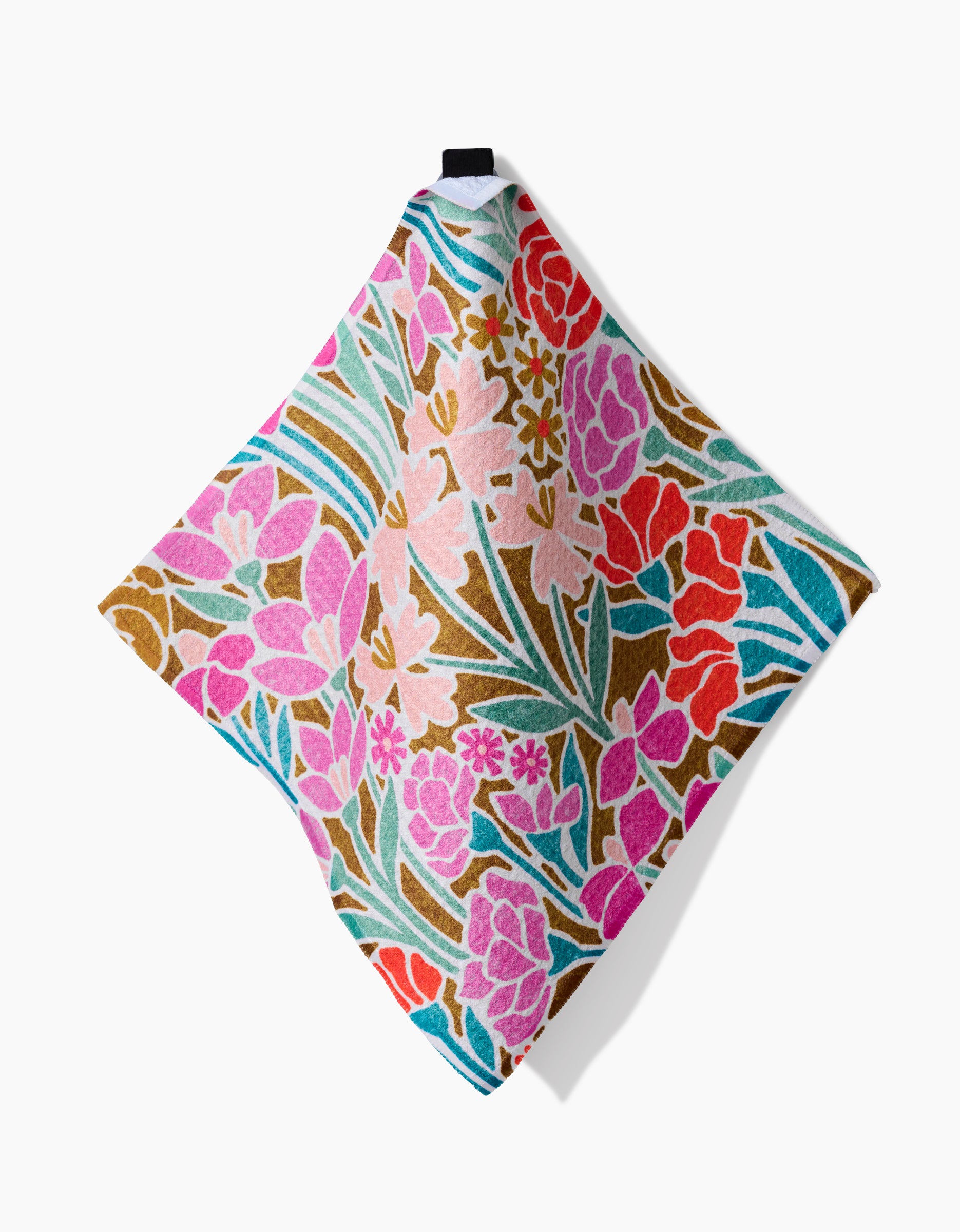 The Clemmie Donna and Janae by Amy MacCready is a square cloth with a vibrant floral pattern—pink, red, and brown flowers with green leaves on white—crafted from recycled materials and shown against a plain white background.