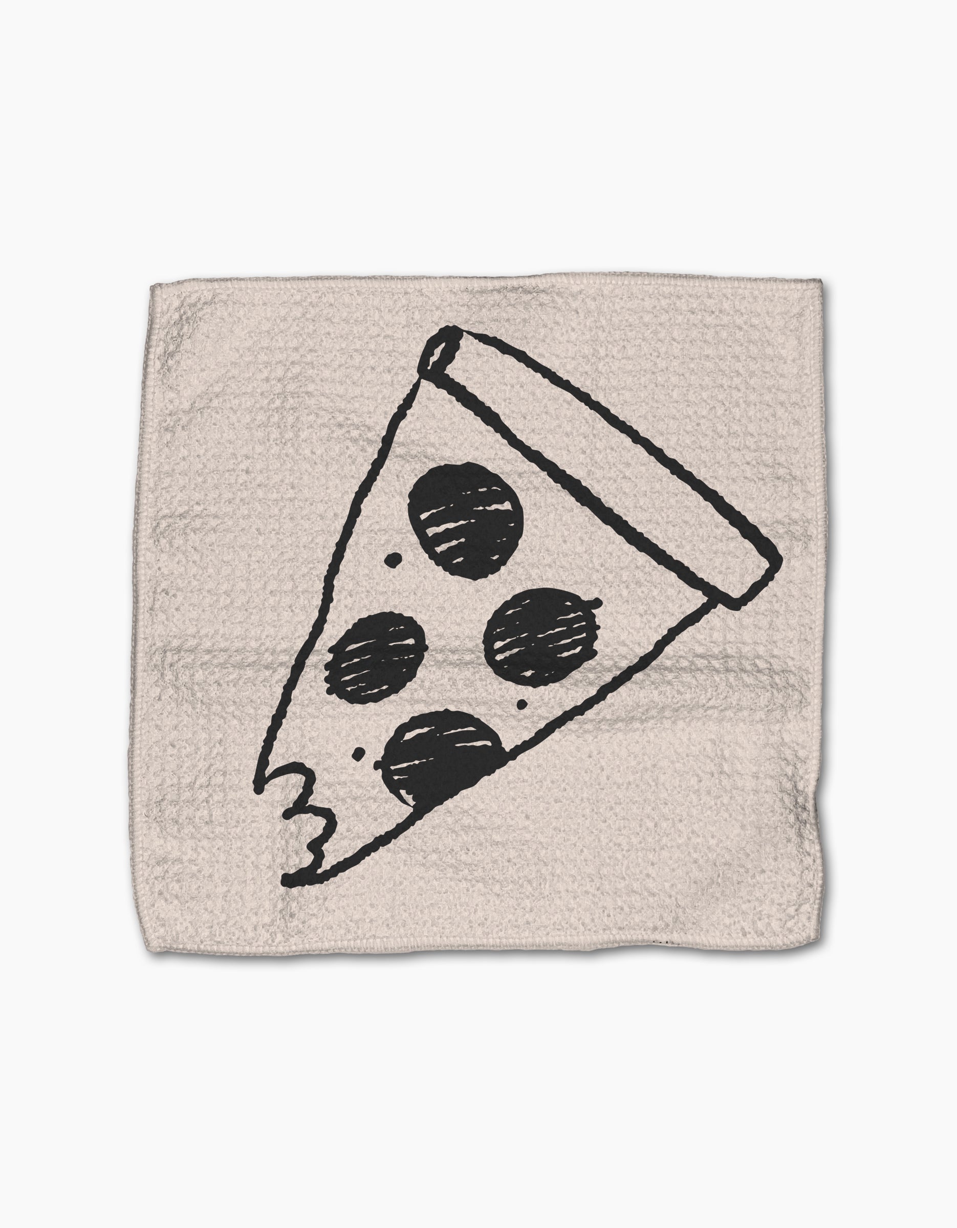 The Eternal Slice by Cole Strem is a beige textured napkin made from recycled materials, featuring a minimalist black line drawing of a pizza slice with three pepperoni and a bite taken from the tip.