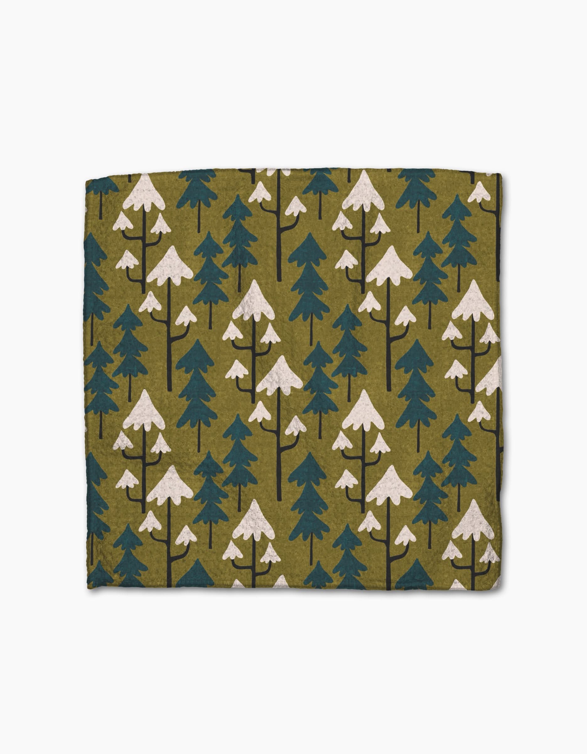 The Evervale dishcloth by Amy MacCready is made from recycled materials and features stylized pine trees and snowy mountain peaks in green, white, and blue on an olive green background.