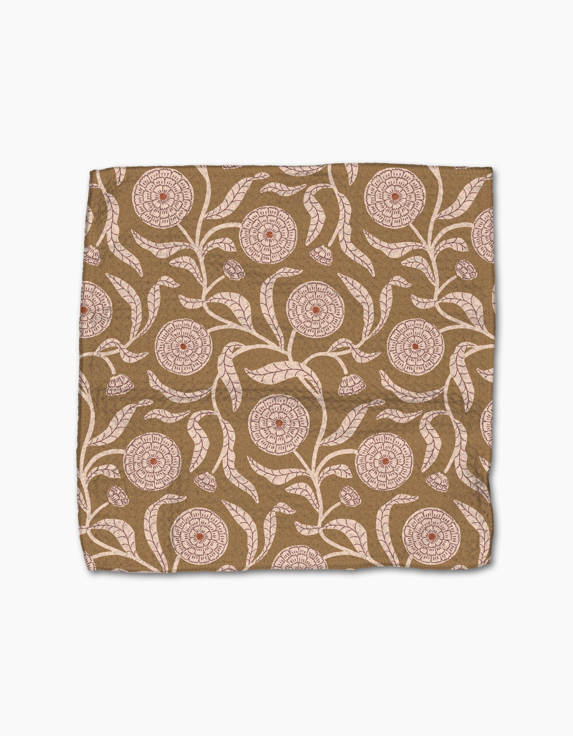 The Teri the Butter Falling Flowers dishcloth is a square brown fabric with cream and red floral and leaf patterns, shown flat on a white background.