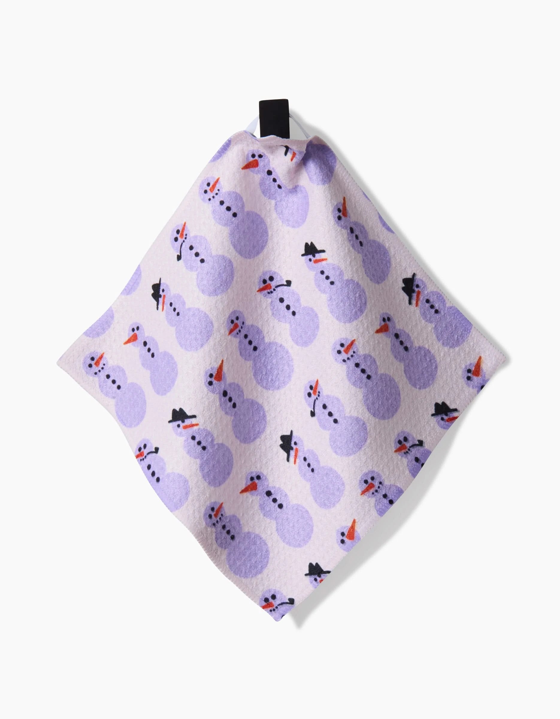The Amy MacCready Felicity Purple is a quick-drying square cloth with a repeating pattern of purple snowmen in hats and carrot noses, plus a black hanging loop, shown on a white background.