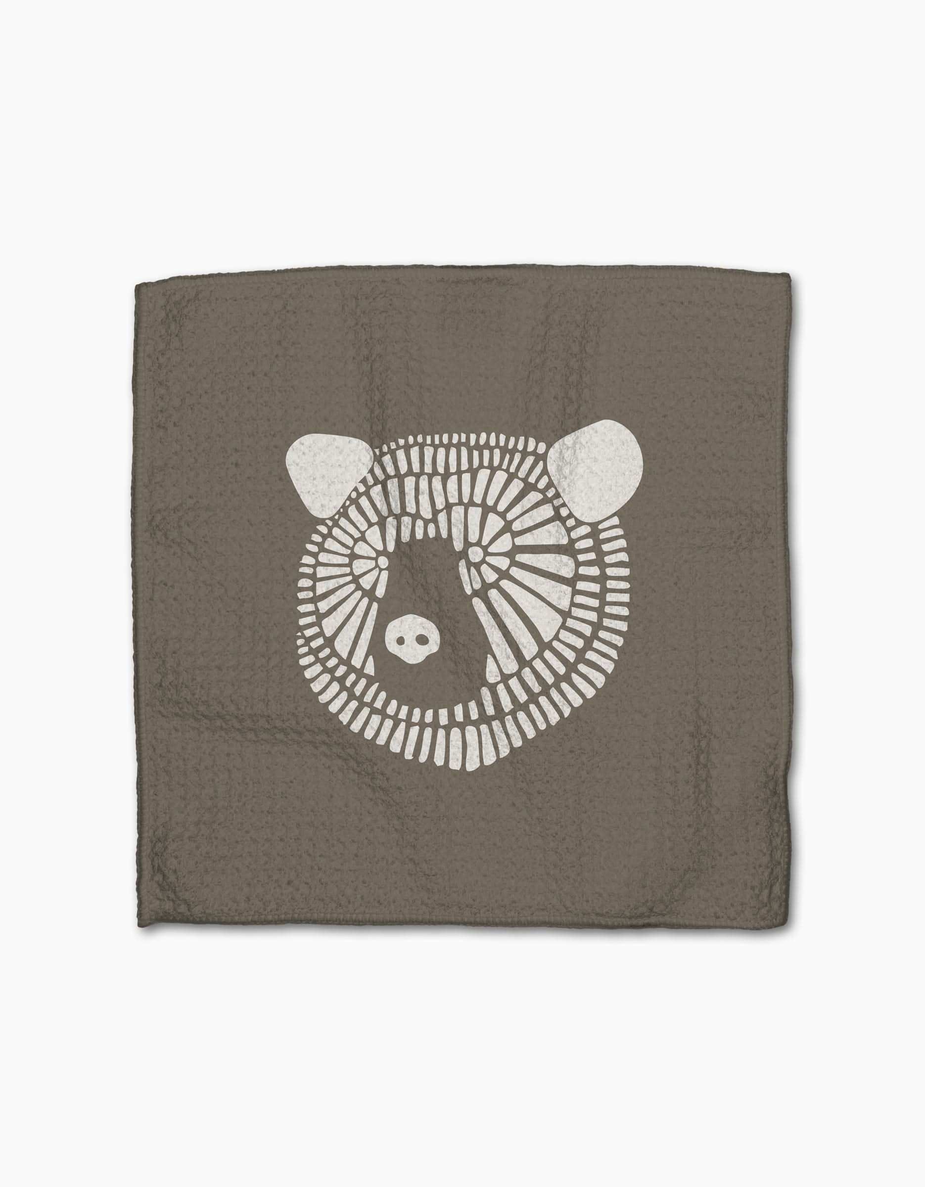 Forest Animals by Rosa Kichline: a square, textured brown recycled cloth with a simple white bear face illustration centered on a plain white background.