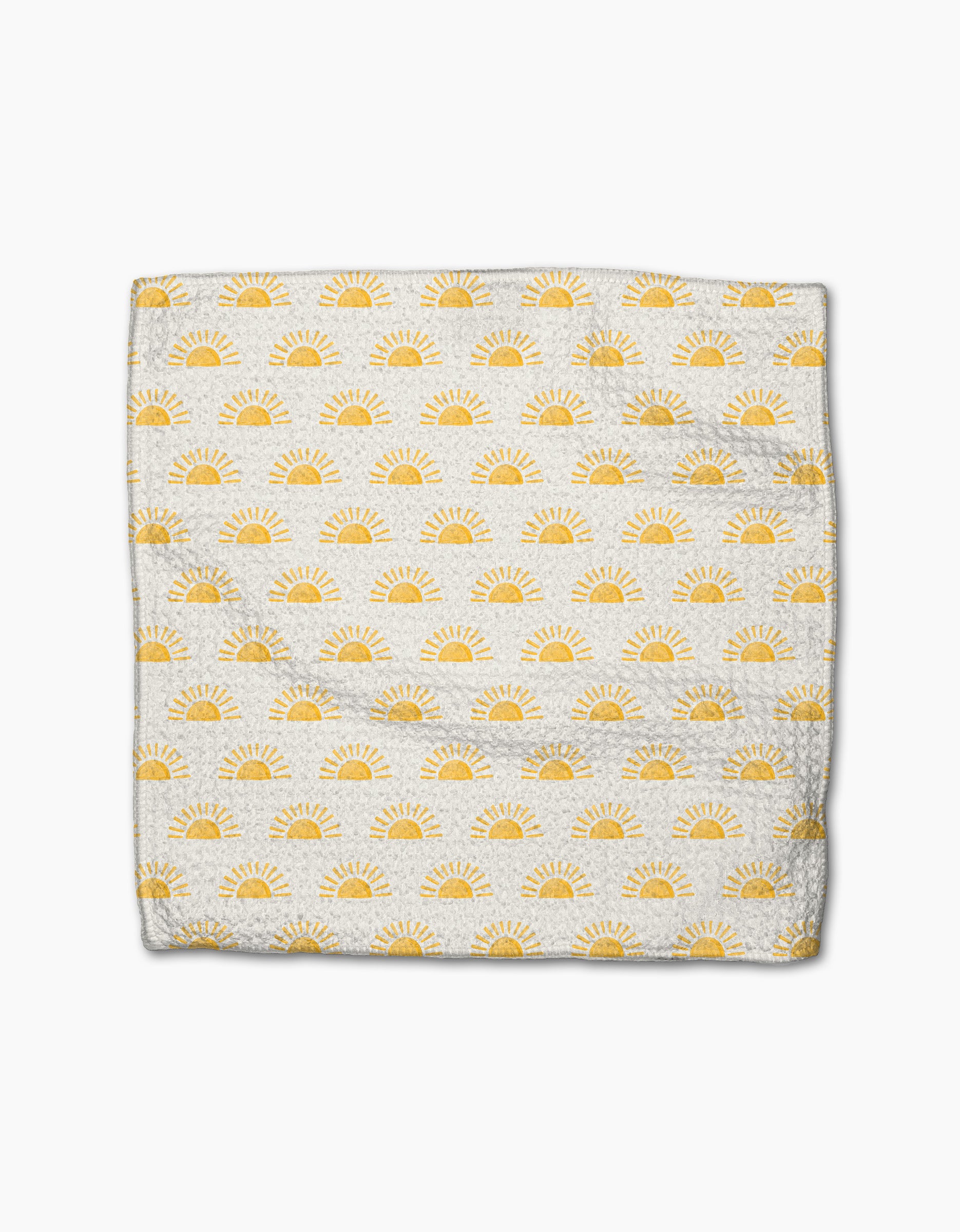 The Here Comes The Sun napkin by Aubrey Fairchild features a white textured Geoweave fabric with stylish yellow sunbursts and is super-absorbent, making it perfect for versatile use.