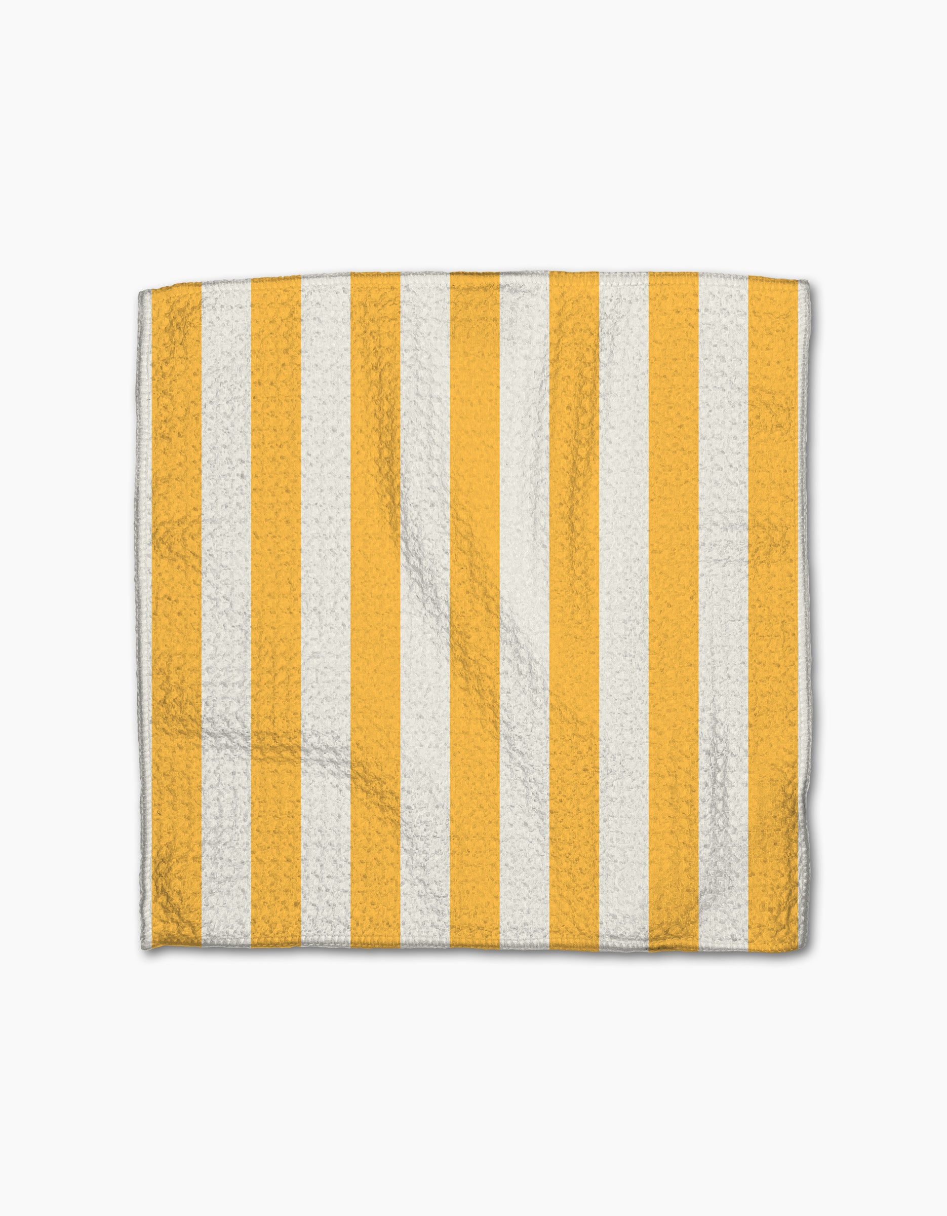 Aubrey Fairchilds Here Comes The Sun is a rectangular cloth featuring alternating vertical yellow and white stripes. Made with textured, super-absorbent Geoweave fabric for enhanced performance. Displayed against a white background.