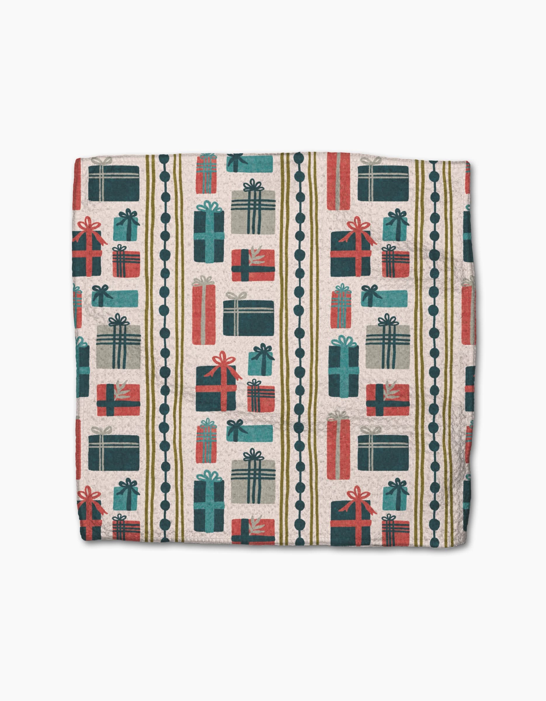 Little Village by Amy MacCready is a folded blanket with festive rows of colorful gift boxes on a light background with vertical stripes, crafted from soft Geoweave fabric.