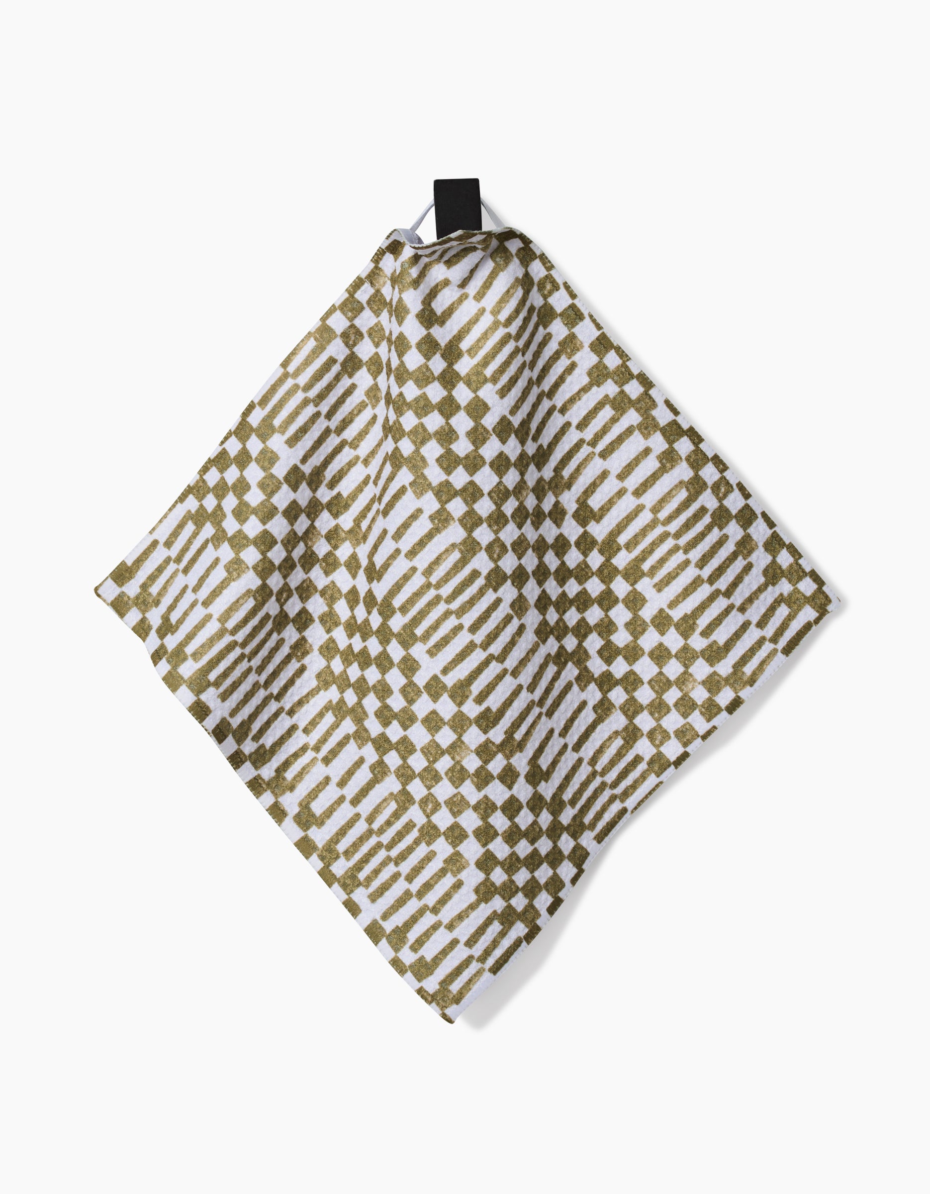 The Lotty dishcloth by Studio Jeannot features an abstract olive green and white geometric design on Geoweave fabric, and hangs from a black loop against a plain white background.