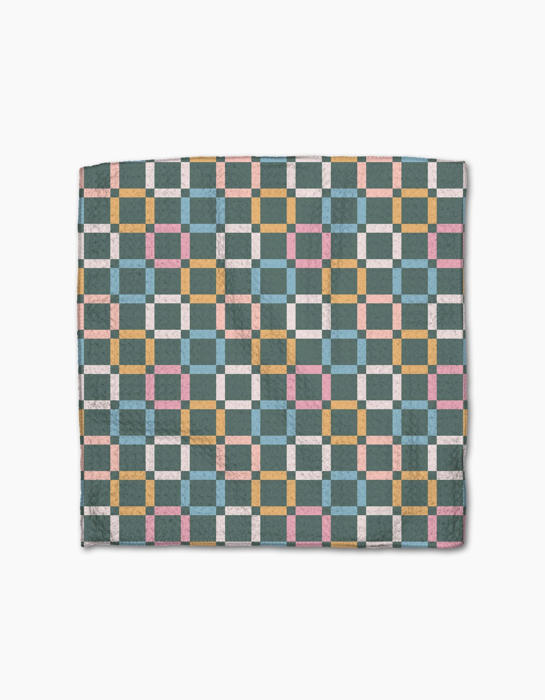 Park Lane by Charlie Rowan Designs features a geometric checkerboard quilt in teal, yellow, pink, white, and light blue on white. Made from ultra-absorbent Geoweave fabric, its symmetrical grid pattern spans the entire surface.
