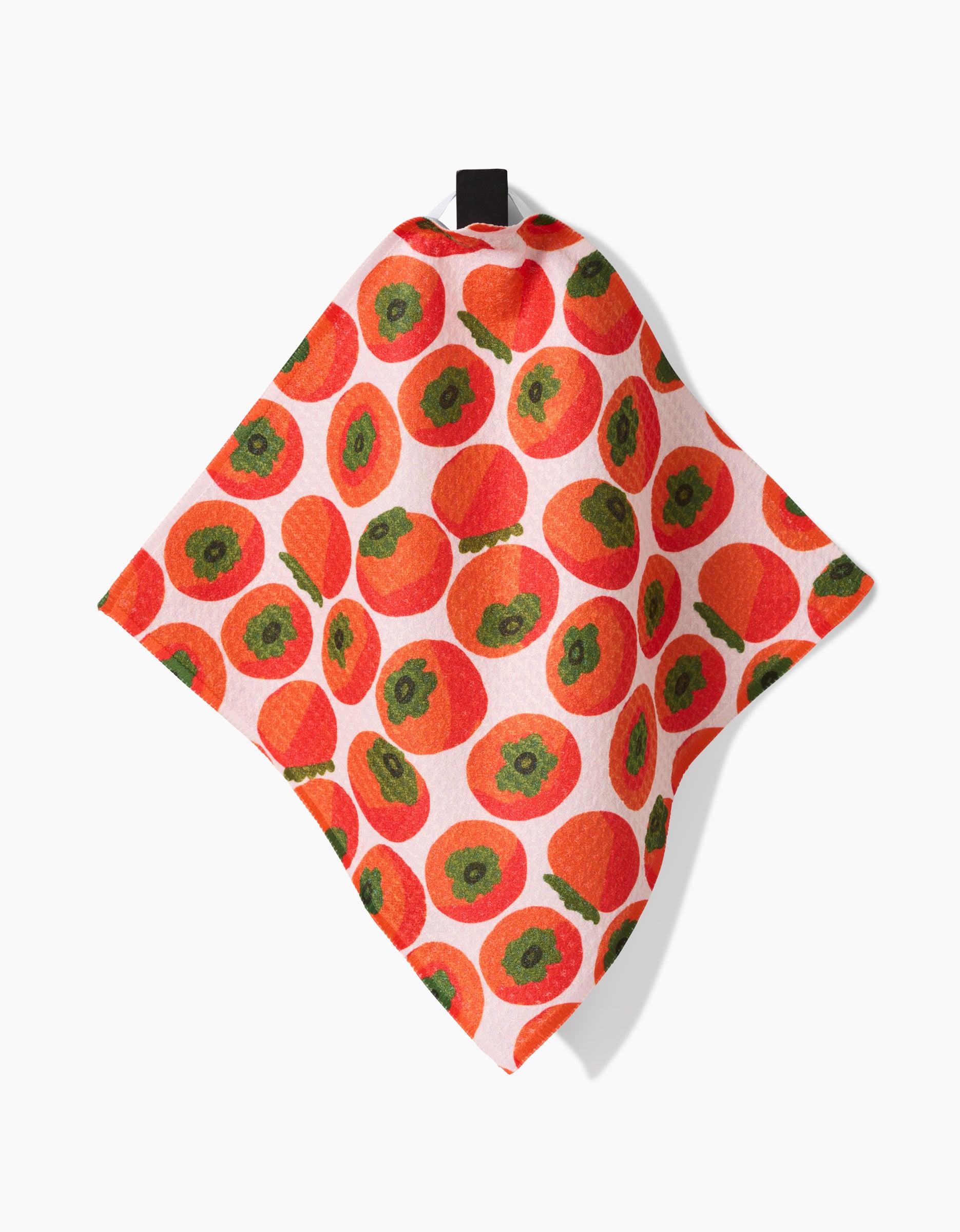 A square Geoweave fabric cloth named Persimmons by Katie OShea features a vibrant pattern and black hanging loop, shown against a white background—ideal for super-absorbent dishtowels.