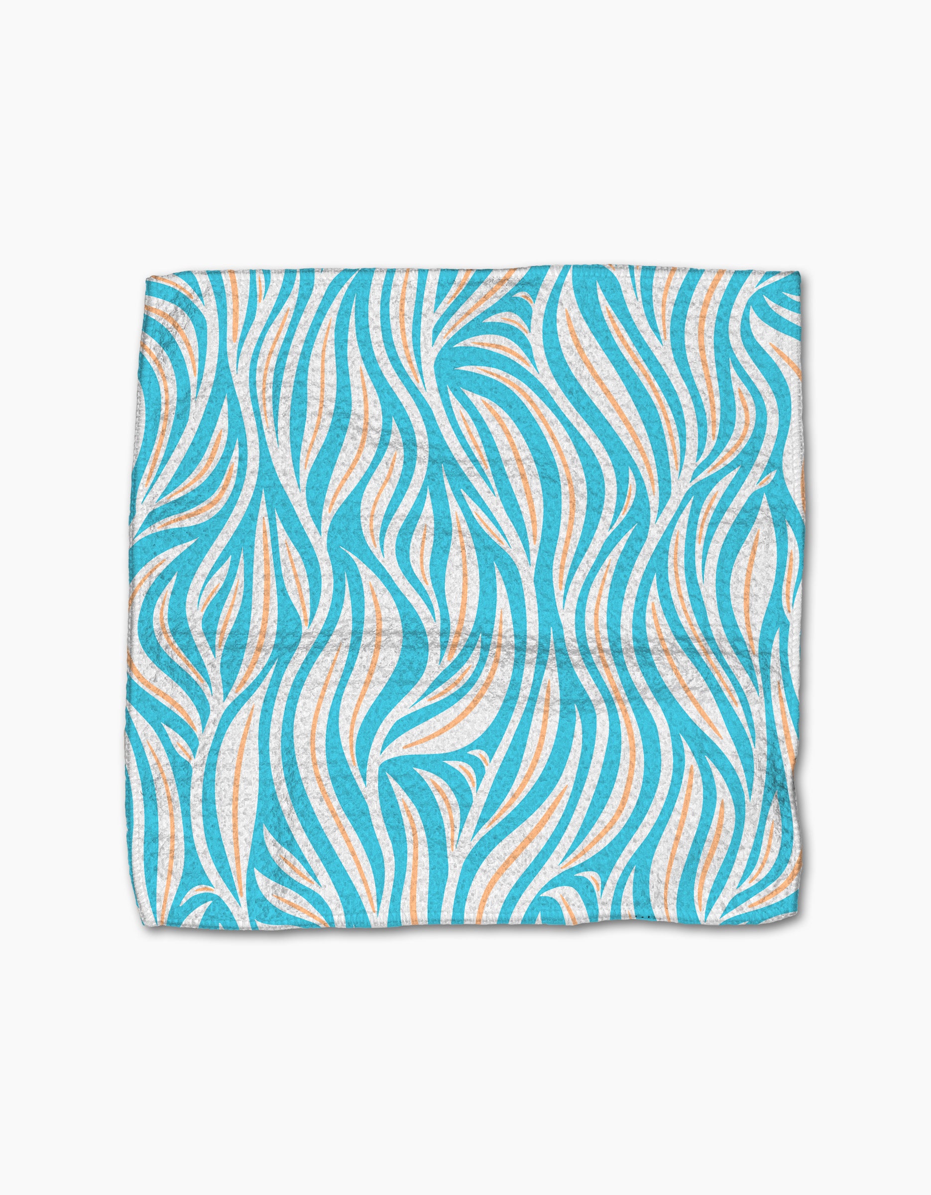 The Sky Willow Wave dishcloth by Rachel Parker features a wavy, abstract turquoise blue and light orange pattern on white Geoweave fabric, shown against a plain white background.
