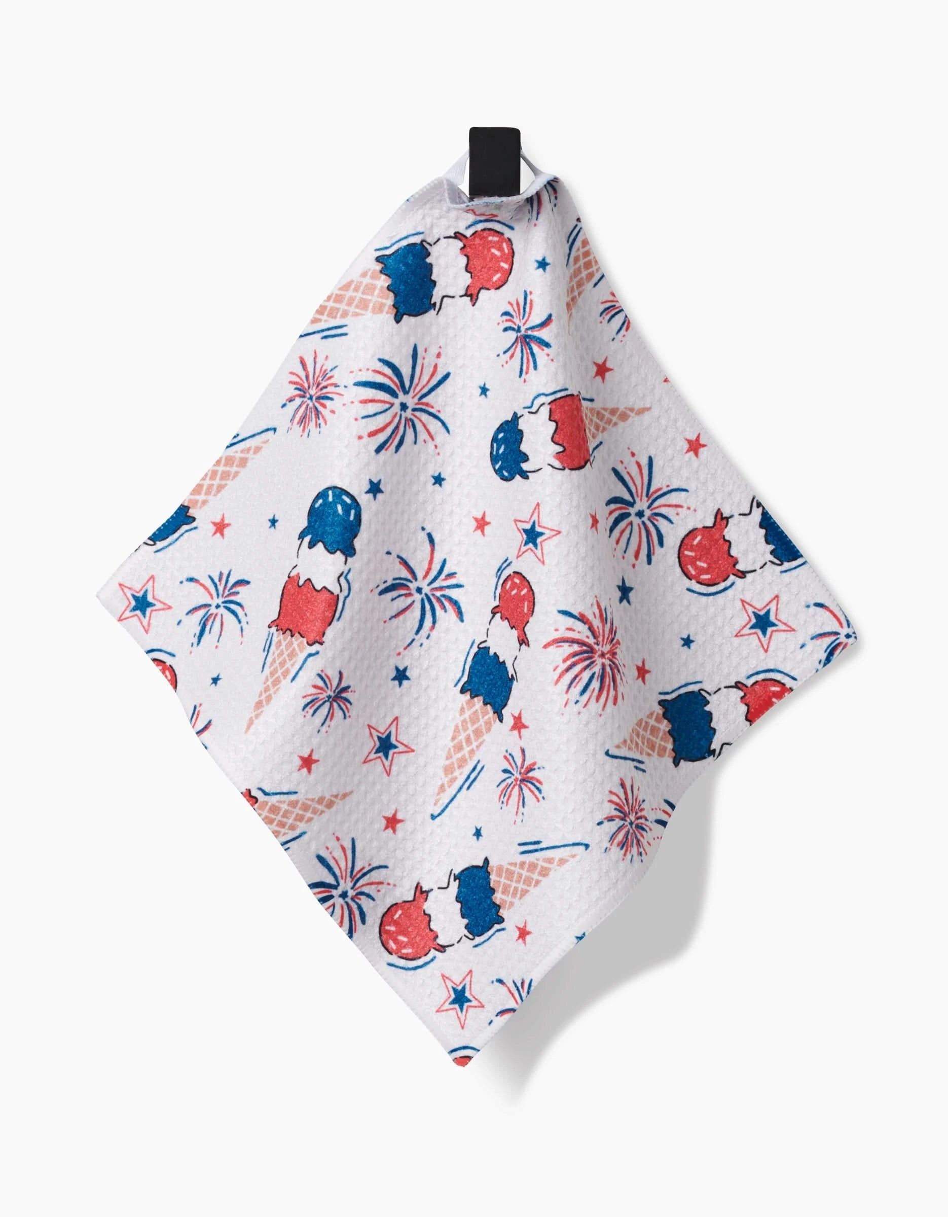 The Stars In Your Eyes Geoweave cloth by Hufton Studio displays a festive red, white, and blue ice cream cone, stars, and fireworks pattern. It hangs by a black loop against a white background.
