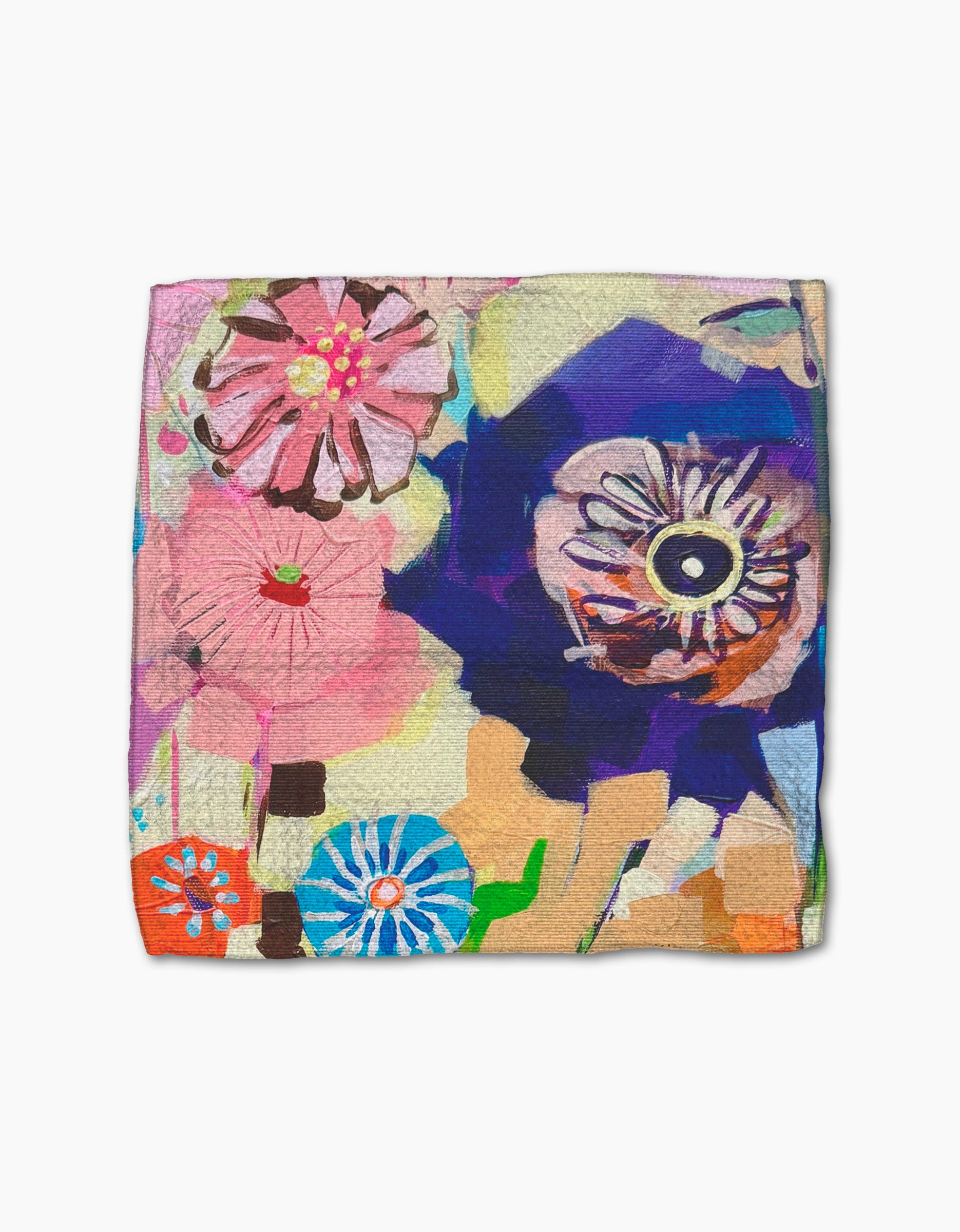 Vera" by Ania Zwara Art features a vibrant abstract floral design with large pink, blue, and purple blooms on a white square background—ideal for eco-friendly kitchen towels or reusable dishcloths.
