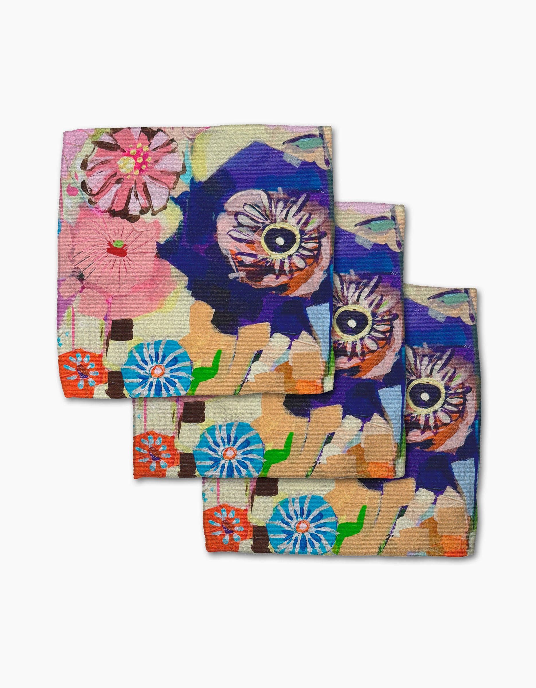 The Vera dishcloth set by Ania Zwara Art features three reusable towels with bold pink, blue, and green abstract floral designs on white—eco-friendly kitchen essentials for stylish, sustainable cleaning.