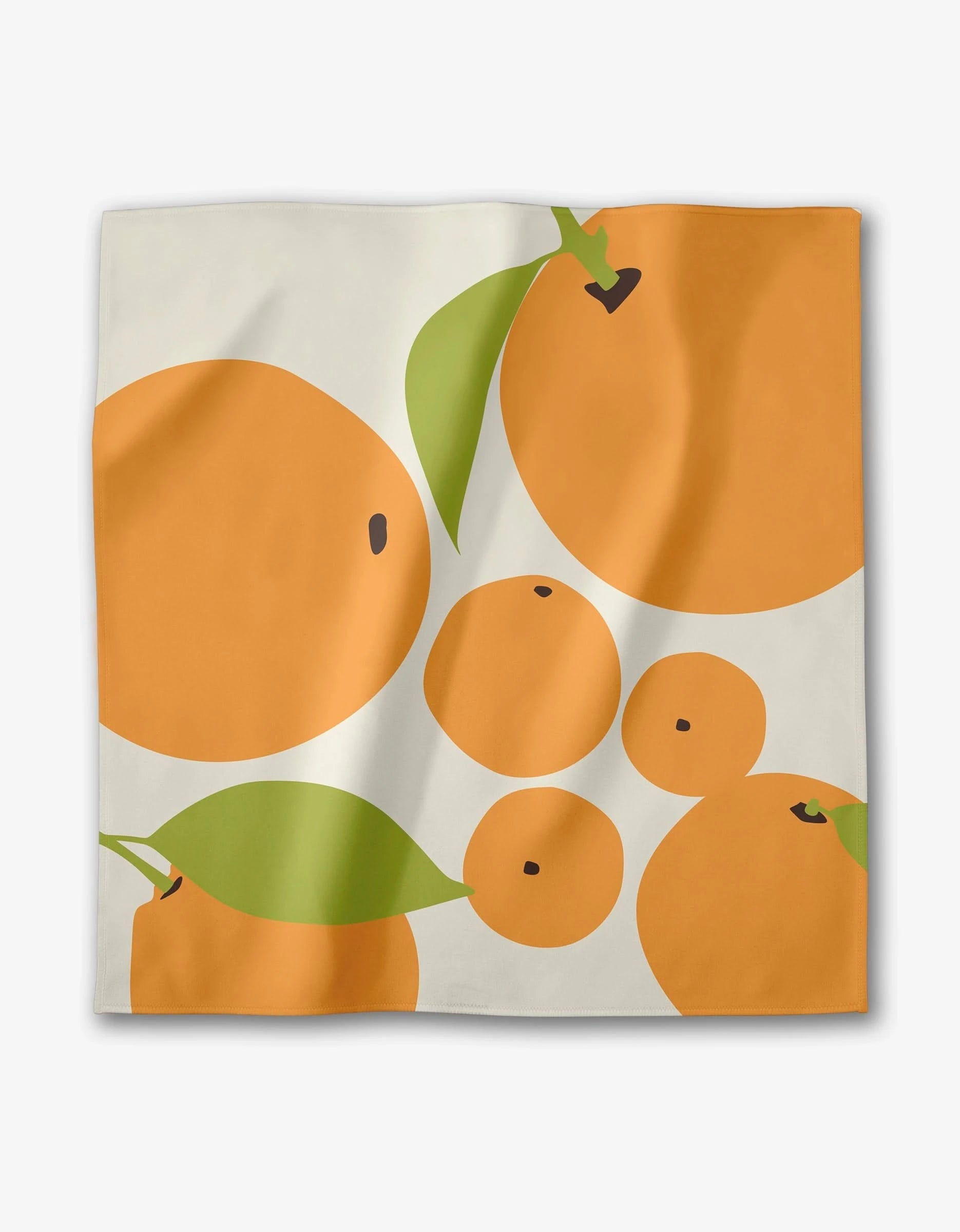 The GEOMETRY Sunny Fruit square dinner napkin set features a minimal design of large and small orange circles with green leaves on white Geosuede fabric made from recycled materials.