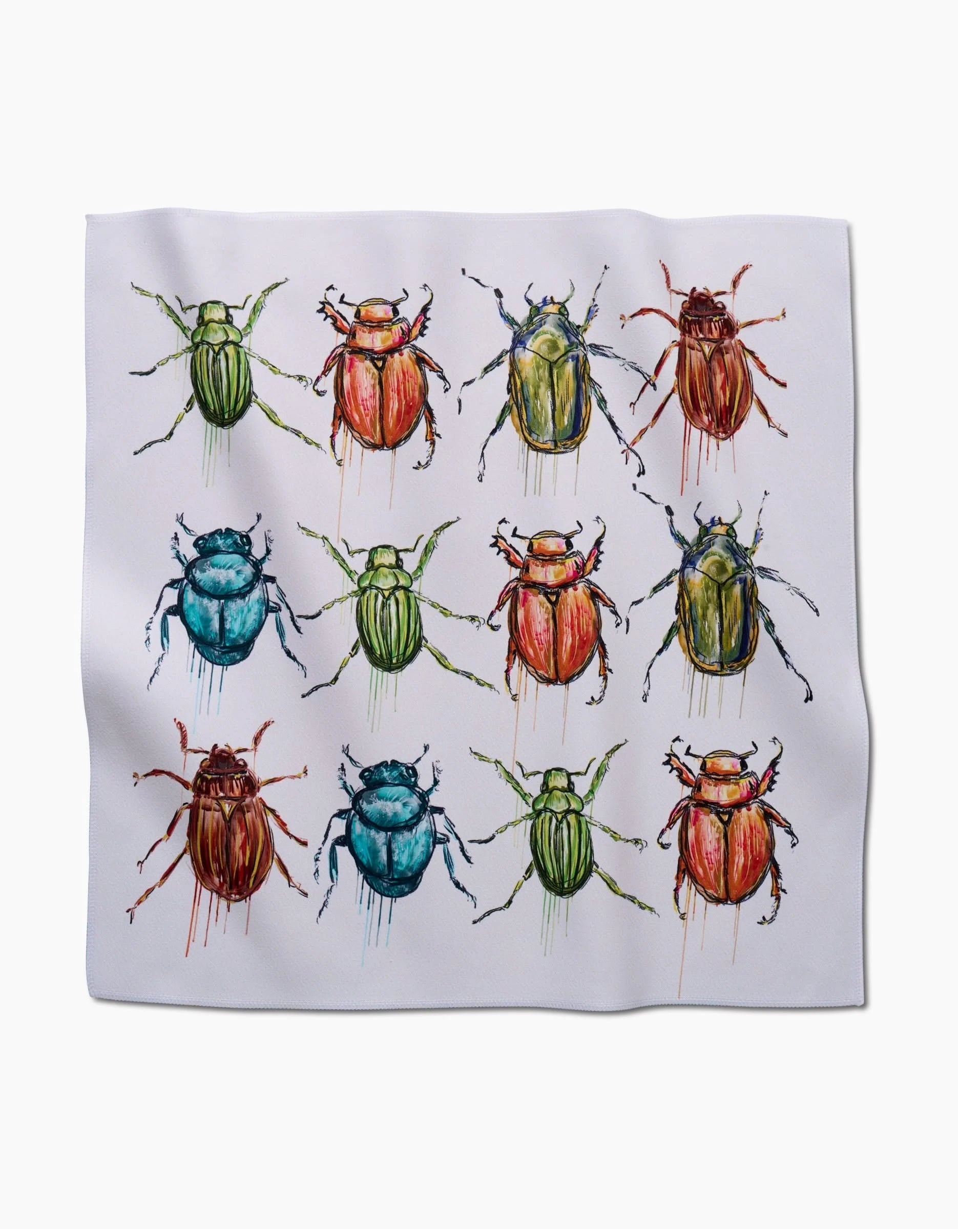 Beetles by Taryn Brennan: a white Geosuede napkin featuring twelve beetles in red, green, and blue watercolor, arranged in three rows—an eco-friendly and artistic choice for your dinner table.