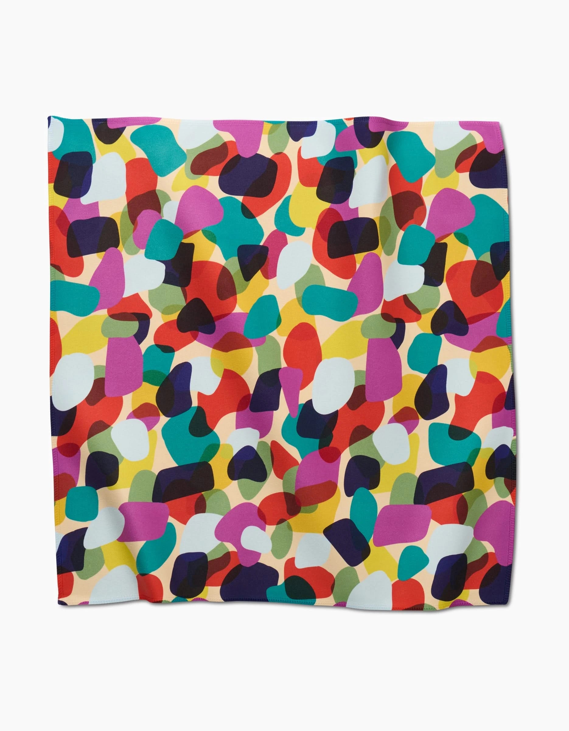 The GEOMETRY Colorful Pebbles square scarf is made from Geosuede and showcases an abstract design with overlapping red, blue, yellow, green, purple, and white shapes set against a light background.