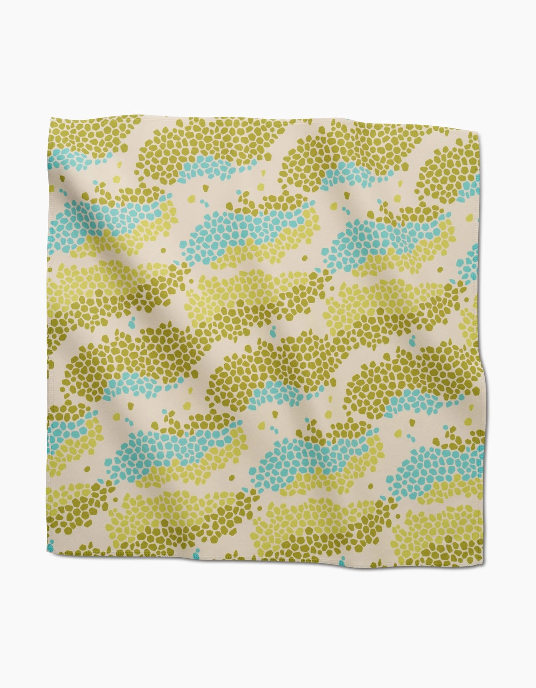 Geo Shell by GEOMETRY is a square, absorbent recycled dinner napkin with clustered olive green, light blue, and yellow dots in wavy stripes on beige—part of our eco-friendly collection.