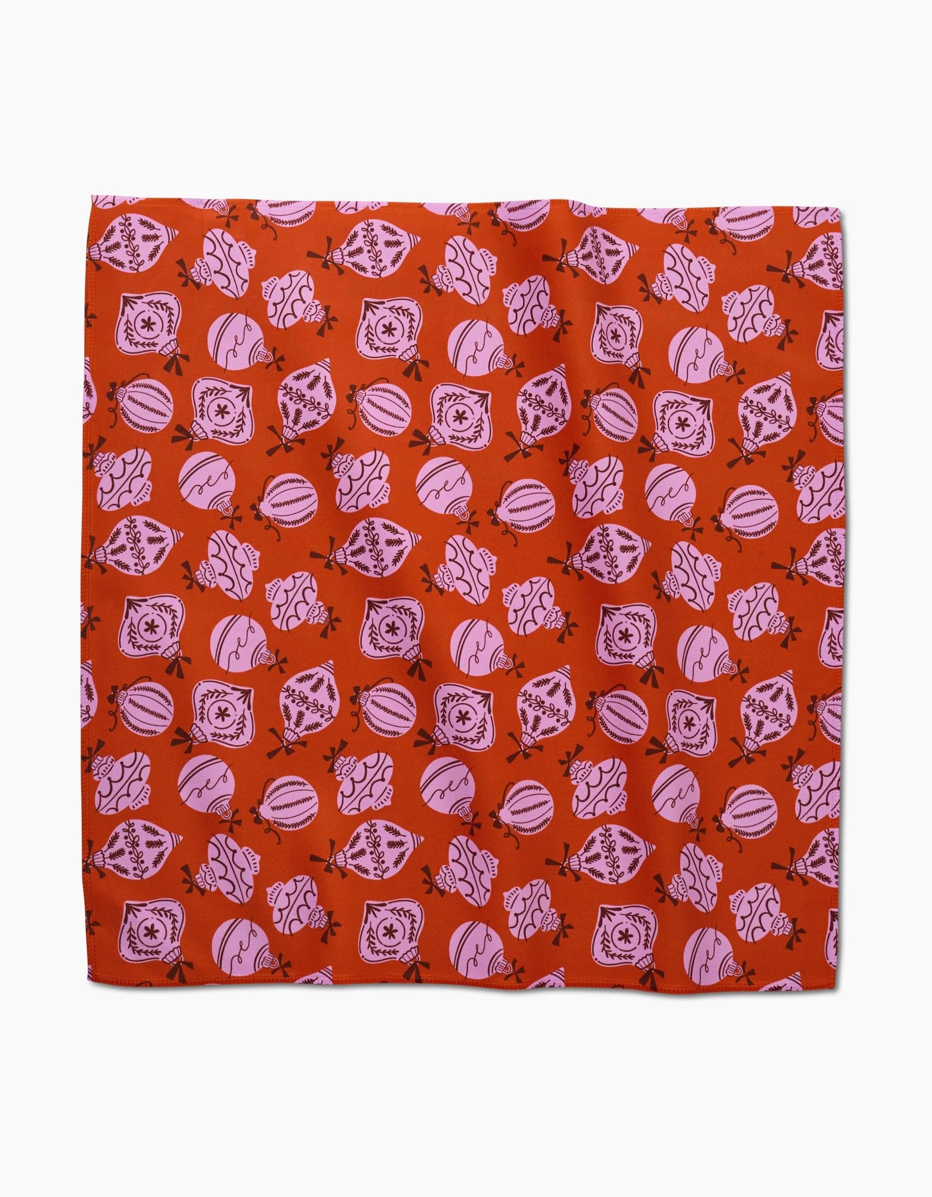 Grans Ornaments by Charlie Rowan Designs: a square red fabric with pink basketballs and sports icons, perfect as reusable cloth napkins or a playful dinner napkin set.