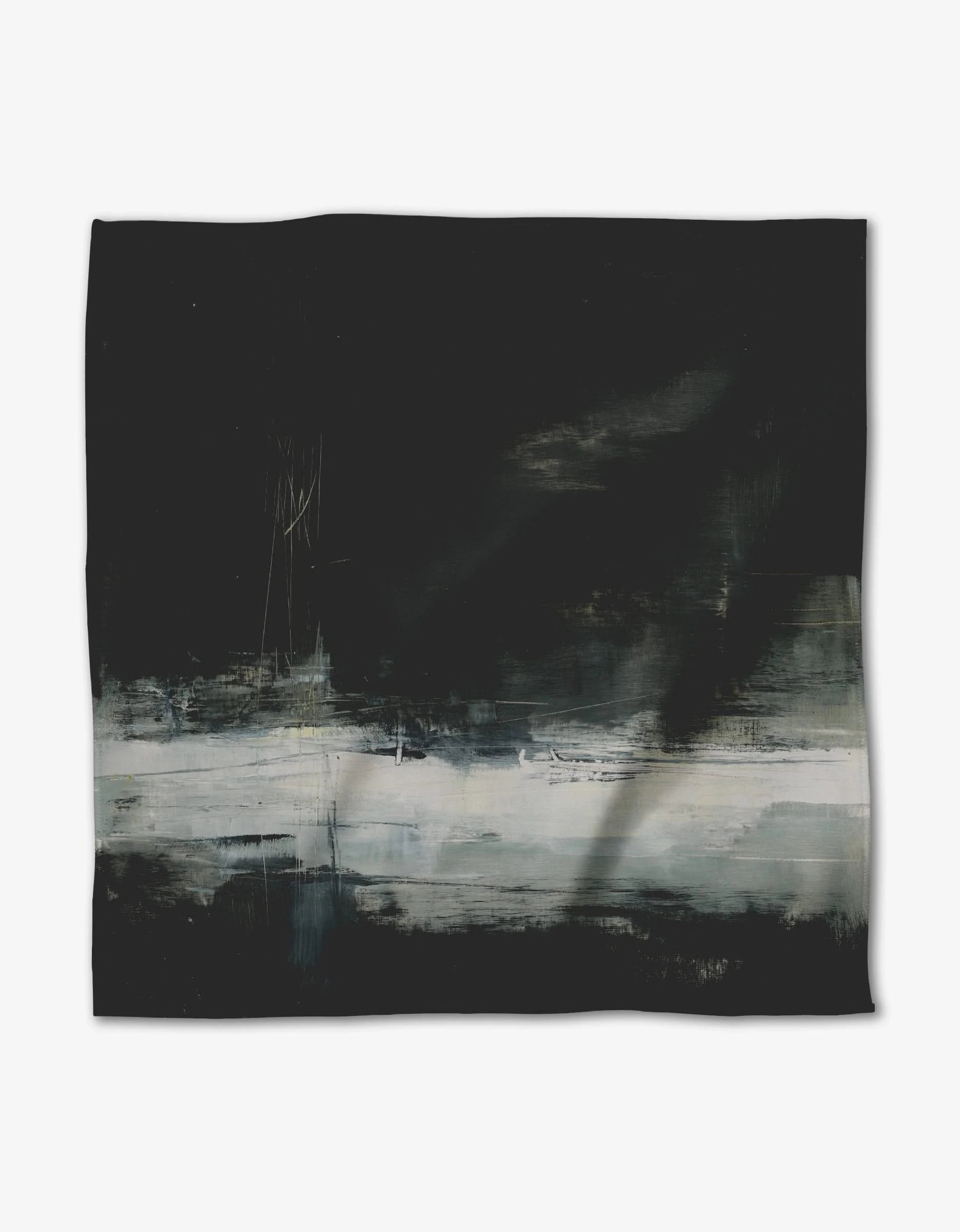 Icelandic Elements by Jennifer Janesko showcases dark blacks and deep greens with a misty white-gray band—evoking depth and movement, perfect for Geosuede Dinner Napkins made from post-consumer recycled materials.
