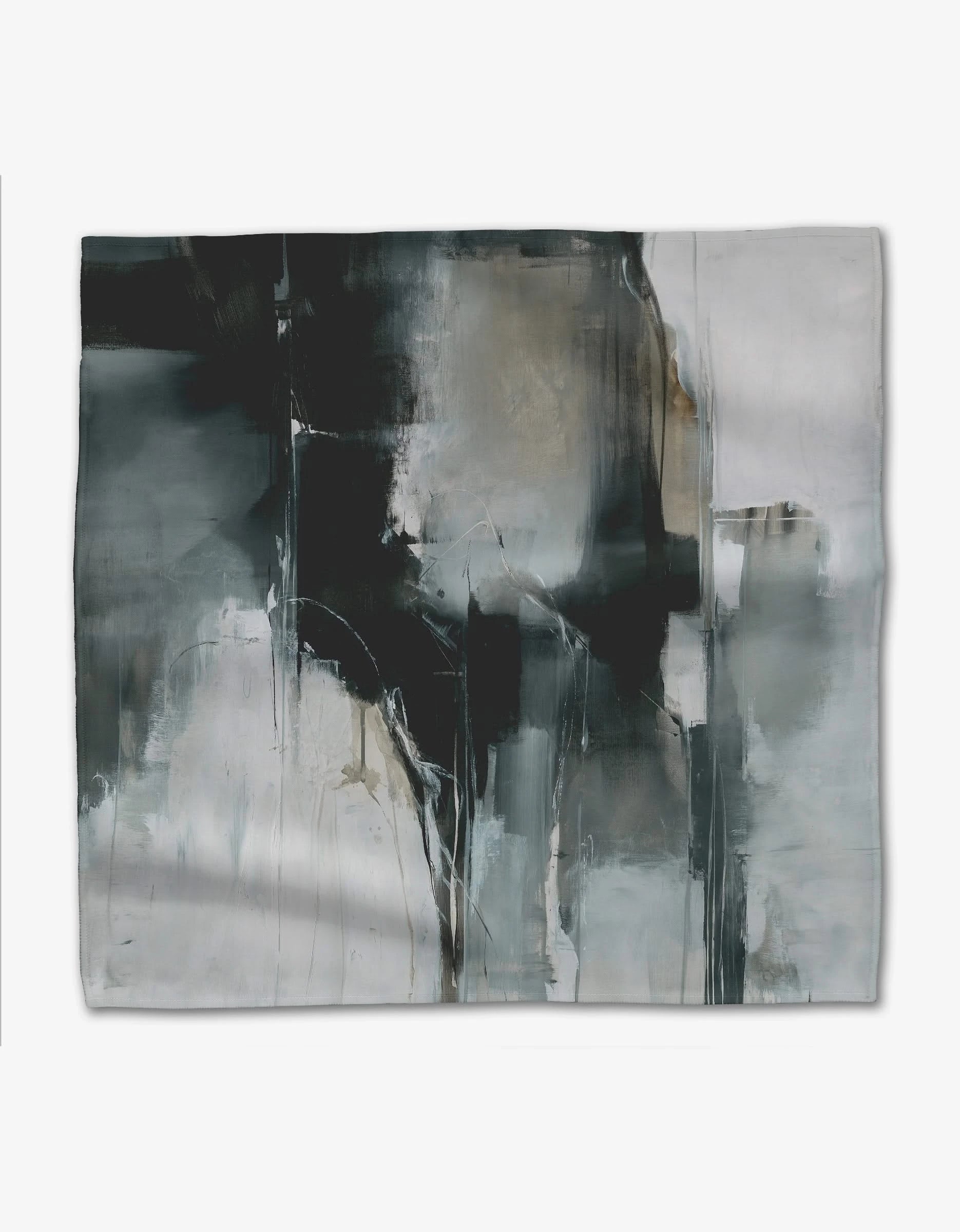 Icelandic Elements by Jennifer Janesko is an abstract painting with bold, textured brushstrokes in black, white, gray, and beige on a rectangular canvas. Crafted on Geosuede fabric for refined, modern appeal.