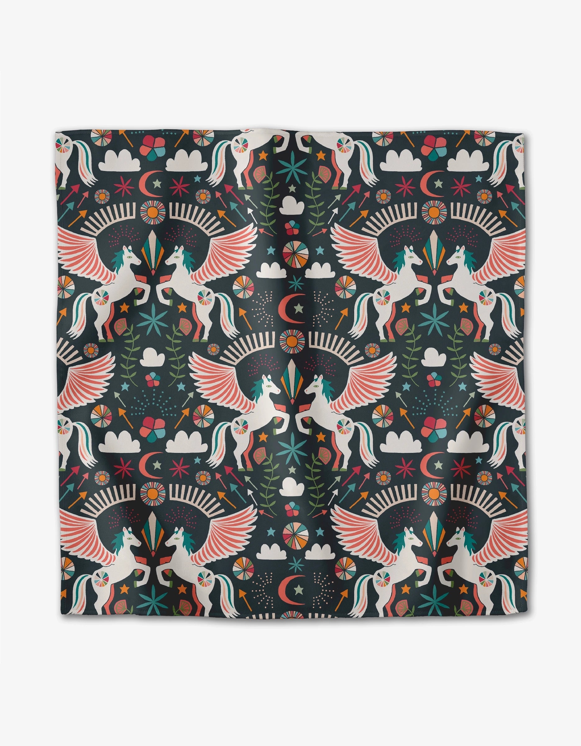 “Magical Moments” by Jessica Swift features a vibrant pattern of winged unicorns, rainbows, clouds, mushrooms, hearts, and geometric shapes on a dark background—ideal for eco-friendly dinner napkins made from recycled materials.