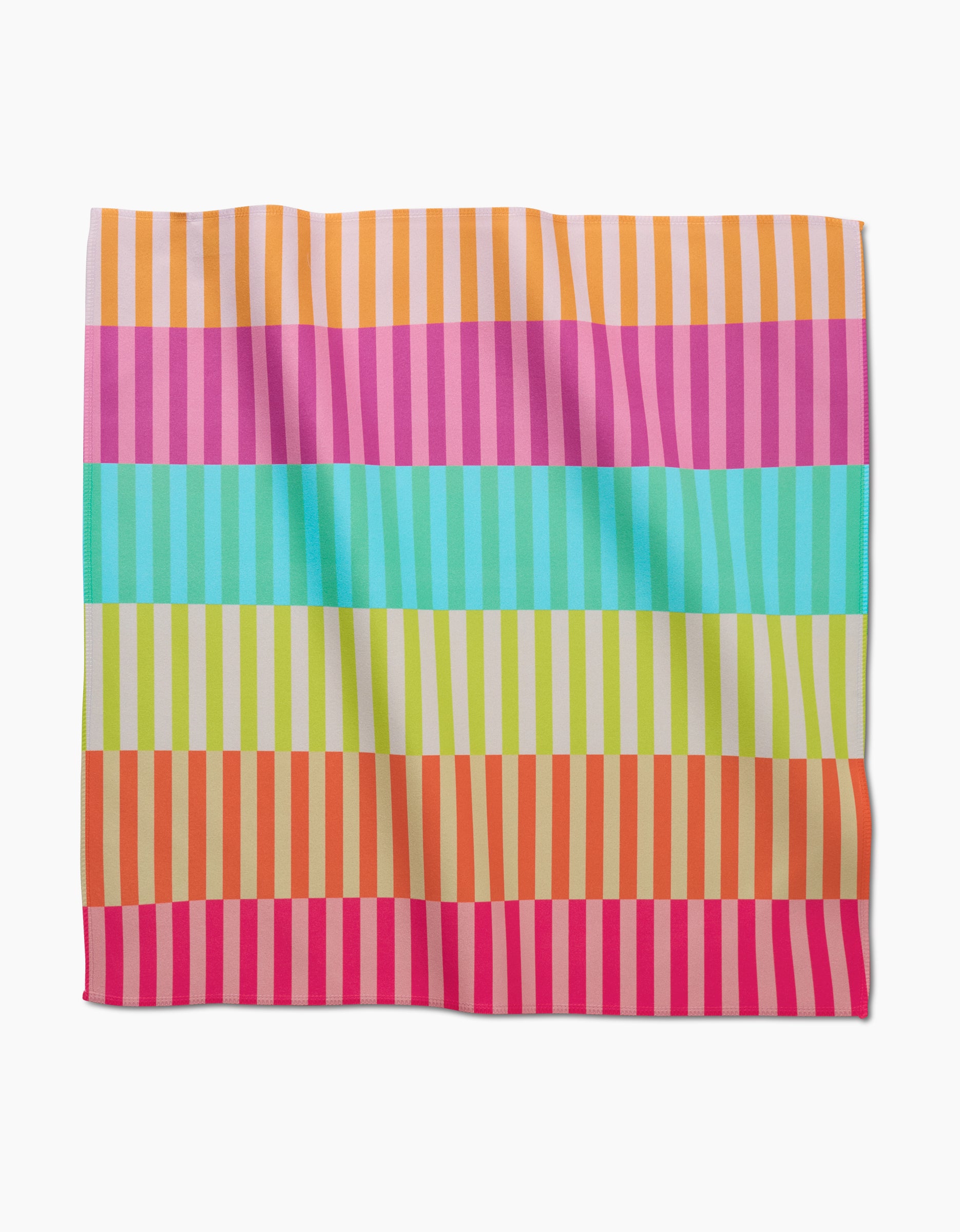 The GEOMETRY Neon Nights Dinner Napkin is a square Geosuede cloth with bold horizontal stripes in orange, pink, turquoise, green, and red, overlaid by lighter vertical lines. Made from recycled materials.