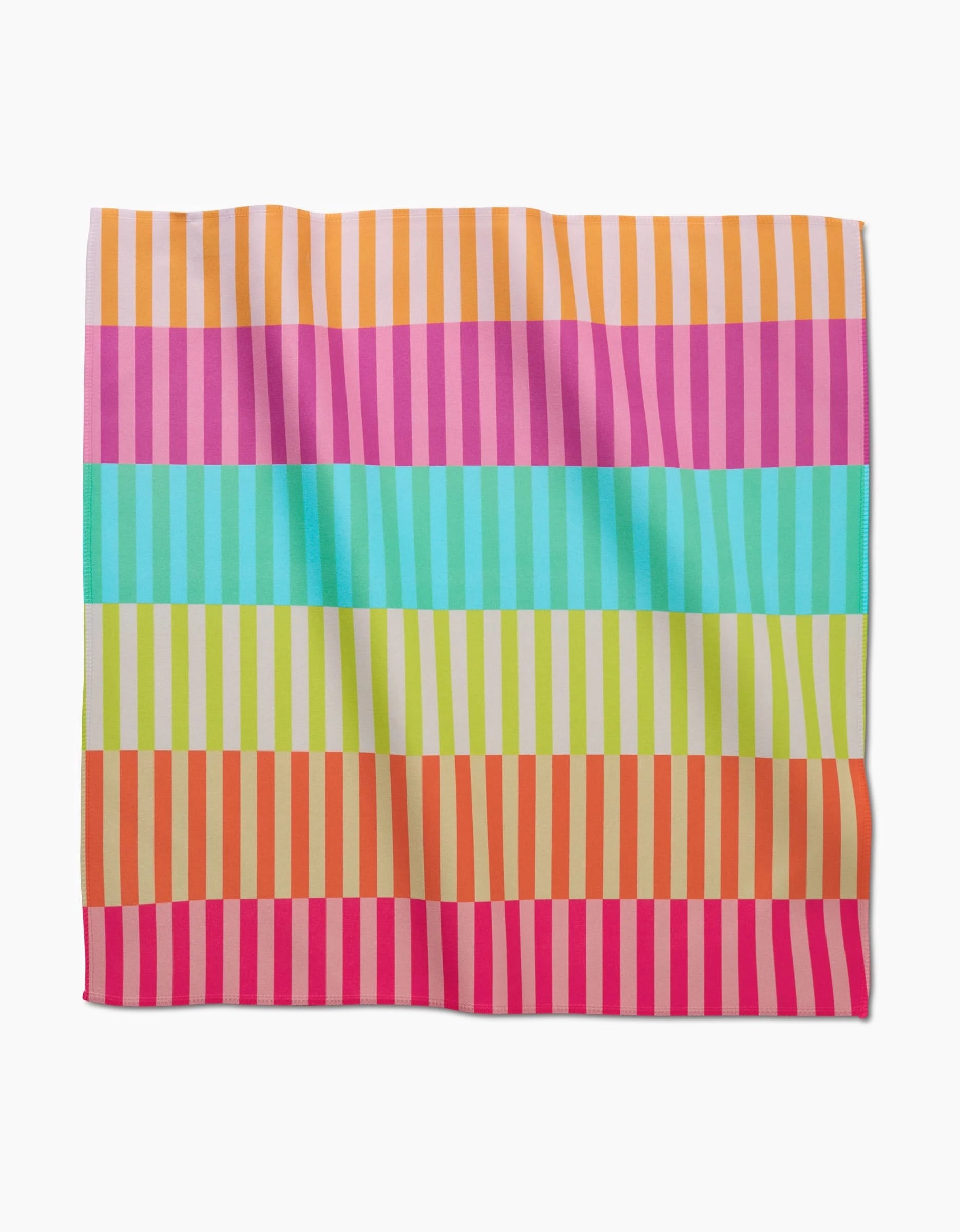 The GEOMETRY Neon Nights Dinner Napkin is a square Geosuede cloth with bold horizontal stripes in orange, pink, turquoise, green, and red, overlaid by lighter vertical lines. Made from recycled materials.