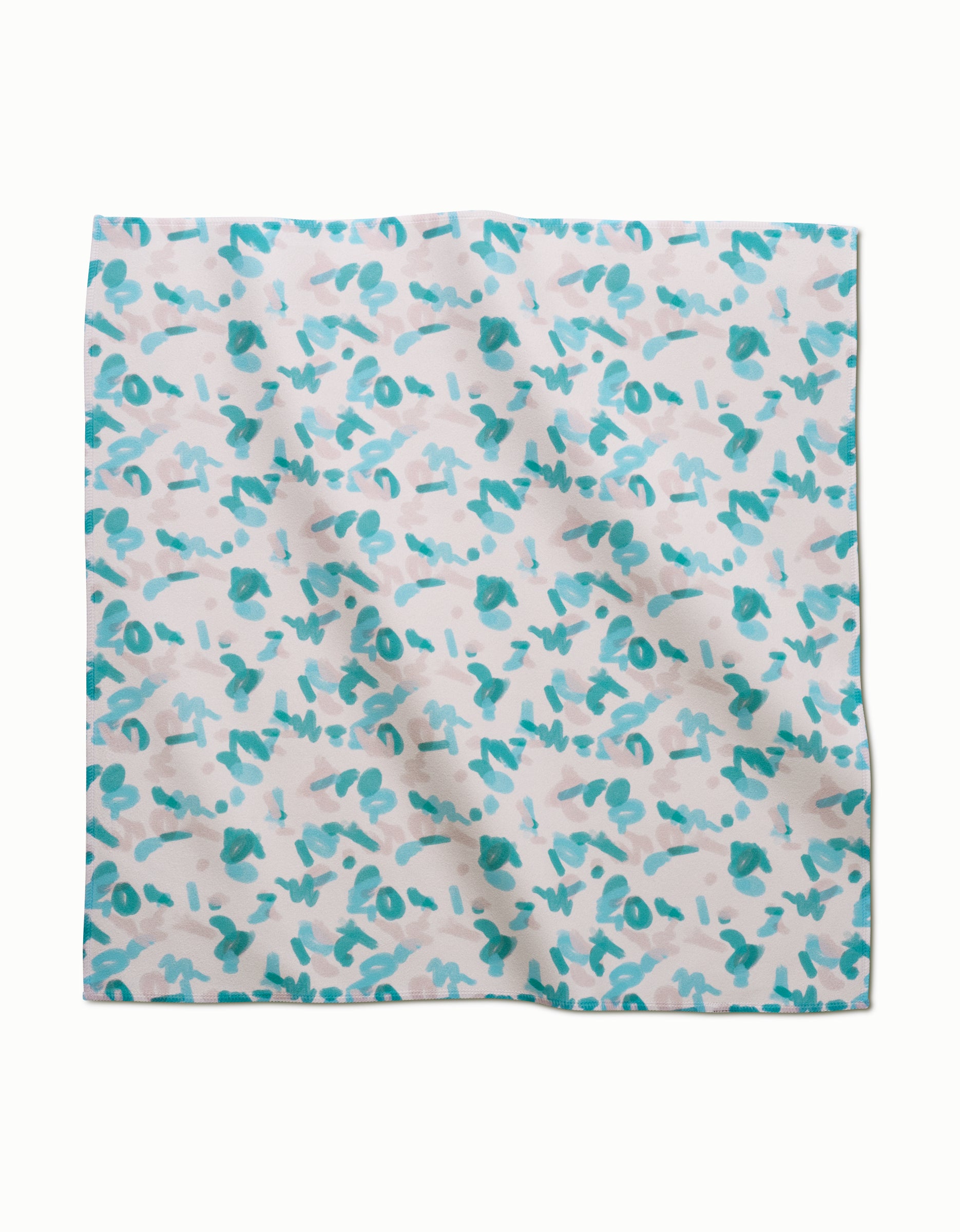 Playful Blues by GEOMETRY: a square Geosuede fabric in abstract turquoise and teal brushstrokes on white, with subtle folds—ideal as eco-friendly dinner napkins.