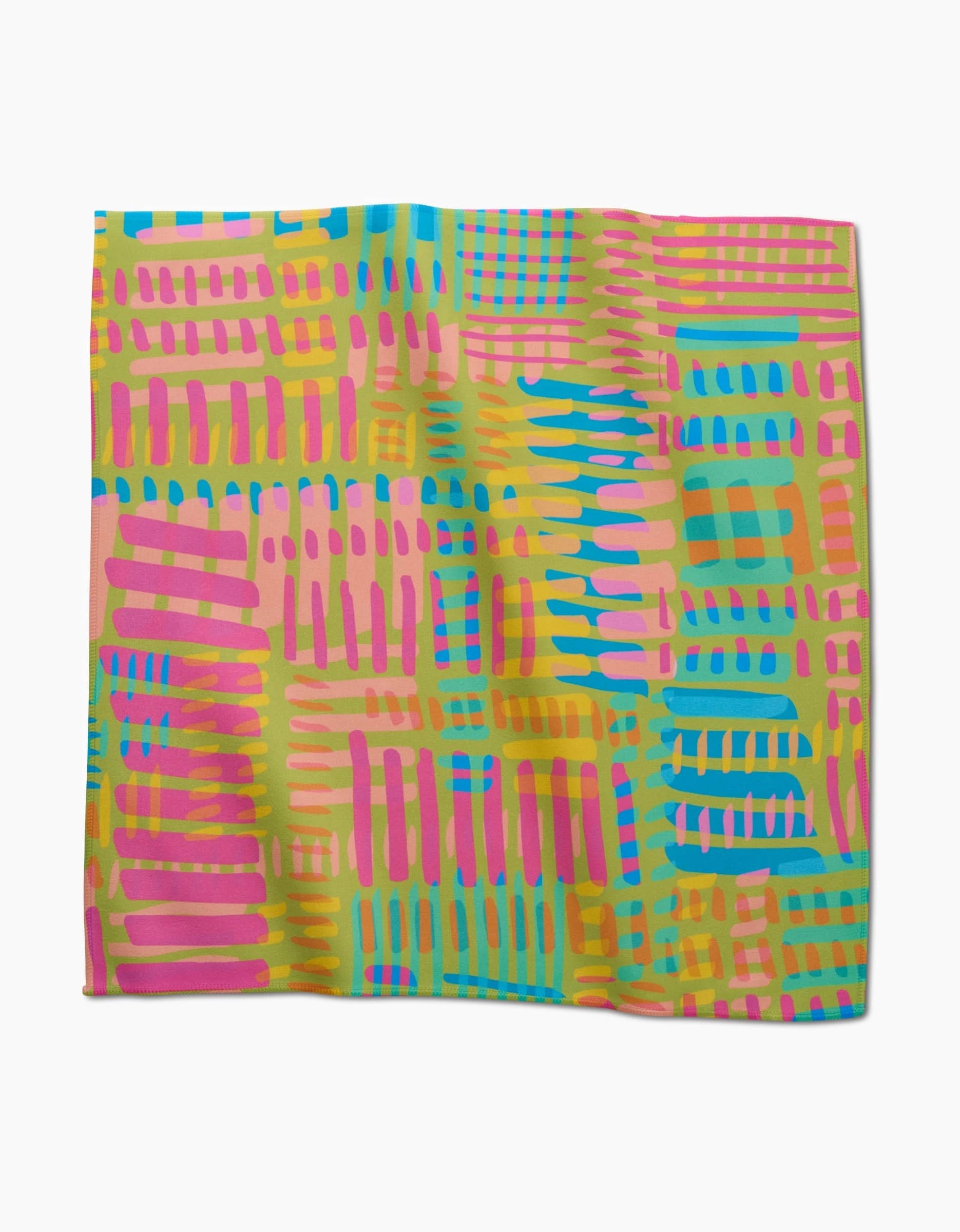 The Positive Vibes Dinner Napkin Set by Sareka Unique features Geosuede fabric in a square shape with an abstract pink, blue, and orange brush stroke pattern on a yellow-green background accented by vibrant grids and stripes.