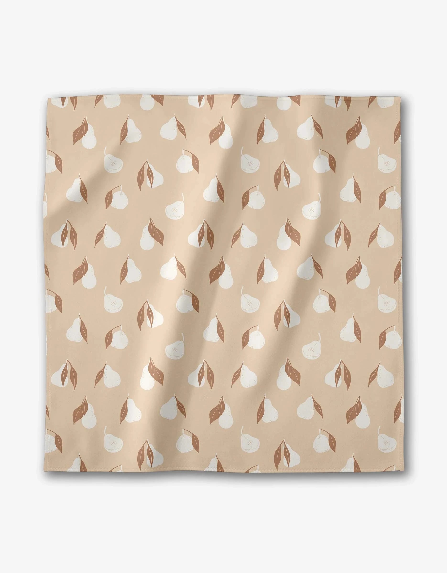 The Sweet Boho dinner napkin set by Hufton Studio features beige fabric with a repeating pattern of simple white pears and brown leaves arranged evenly across the surface.