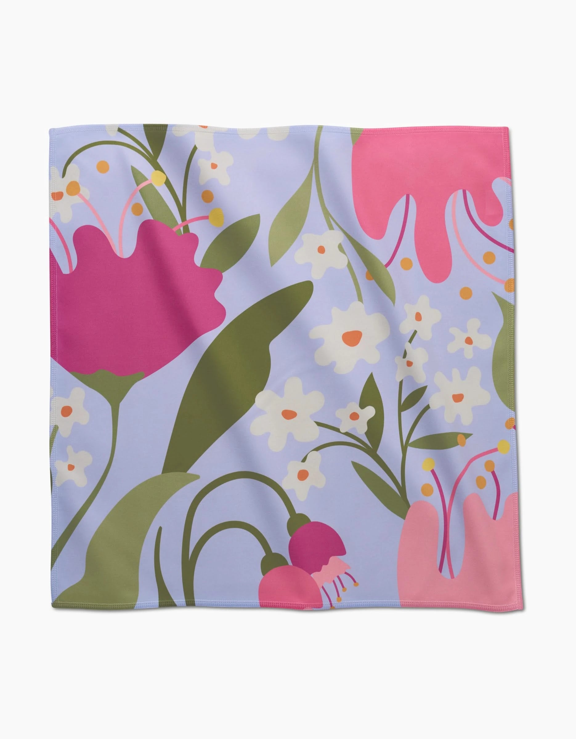 The Thoughtful square scarf by GEOMETRY features a bold, modern floral design with pink, white, and red flowers, green leaves, and yellow accents on light lavender Geosuede fabric for a fresh look.