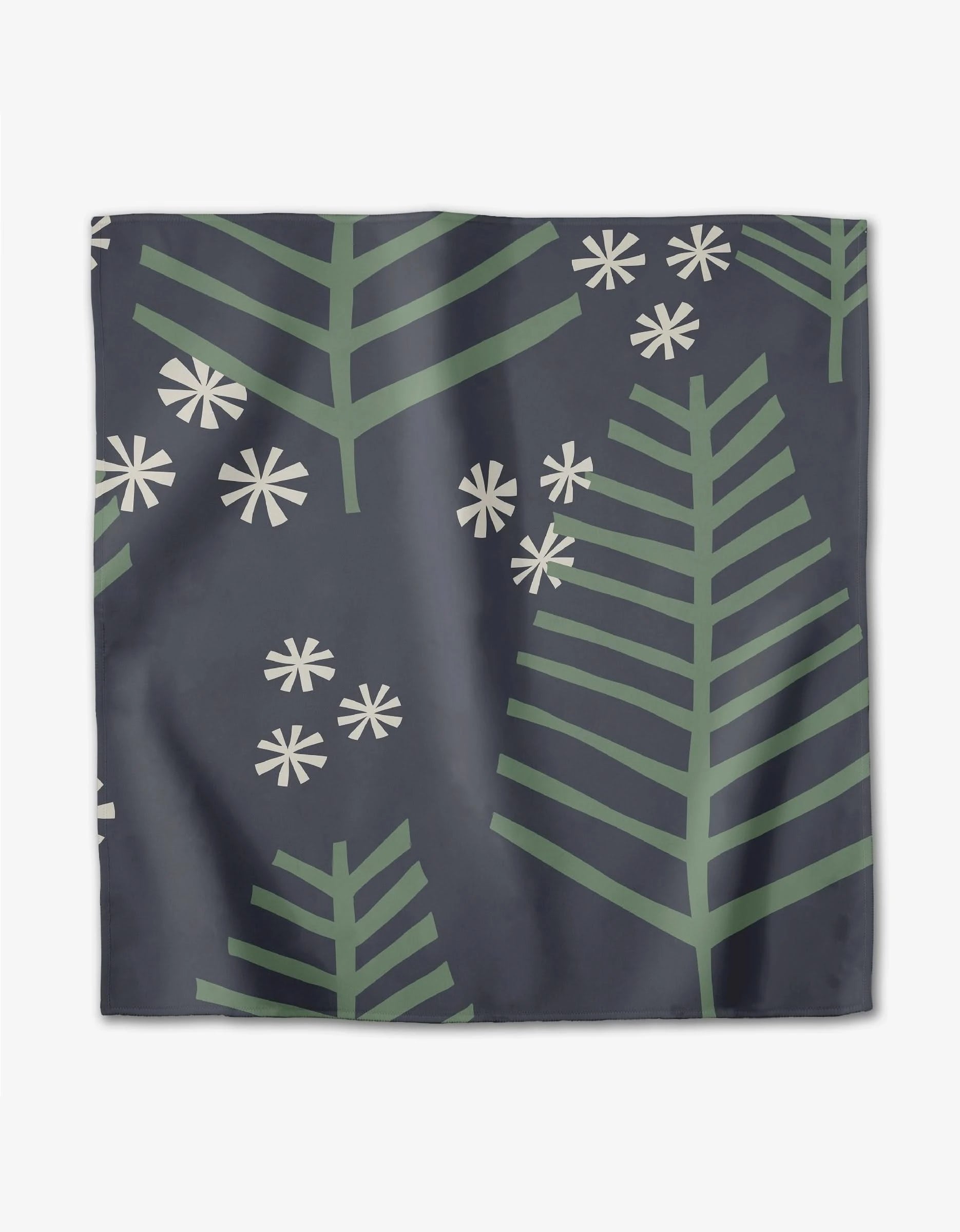 Winter Wonderful by Lizzie Clark is a square scarf with a dark background, green abstract leaf designs, and white star shapes—ideal as eco-friendly napkins or as a stylish addition to your reusable dinner napkin set.