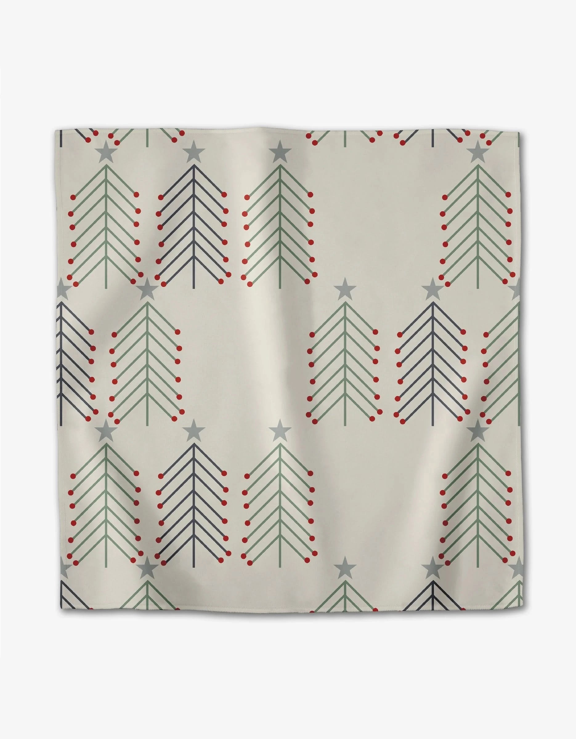 The Winter Wonderful reusable dinner napkin set by Lizzie Clark features beige fabric with green or dark blue Christmas tree patterns, red dot accents, and gray stars—ideal for eco-friendly holiday gatherings.