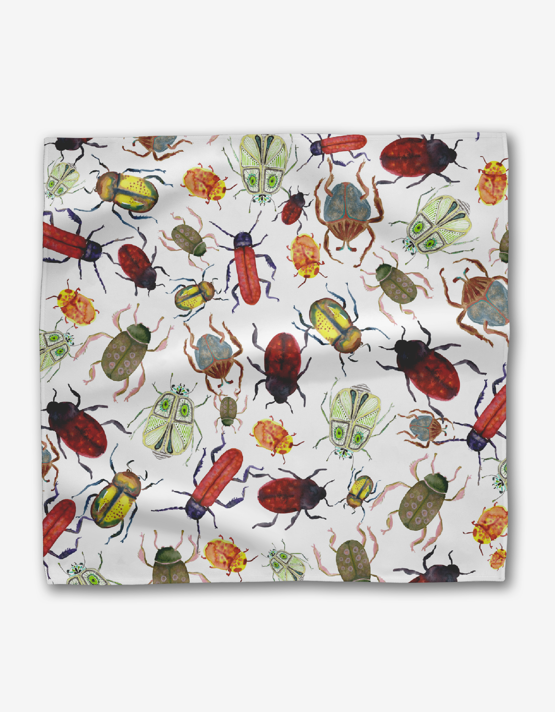 The African Beetles dinner napkins by Taryn Brennan feature a vibrant, multicolored pattern of whimsical illustrated insects on white Geosuede fabric made from recycled materials.
