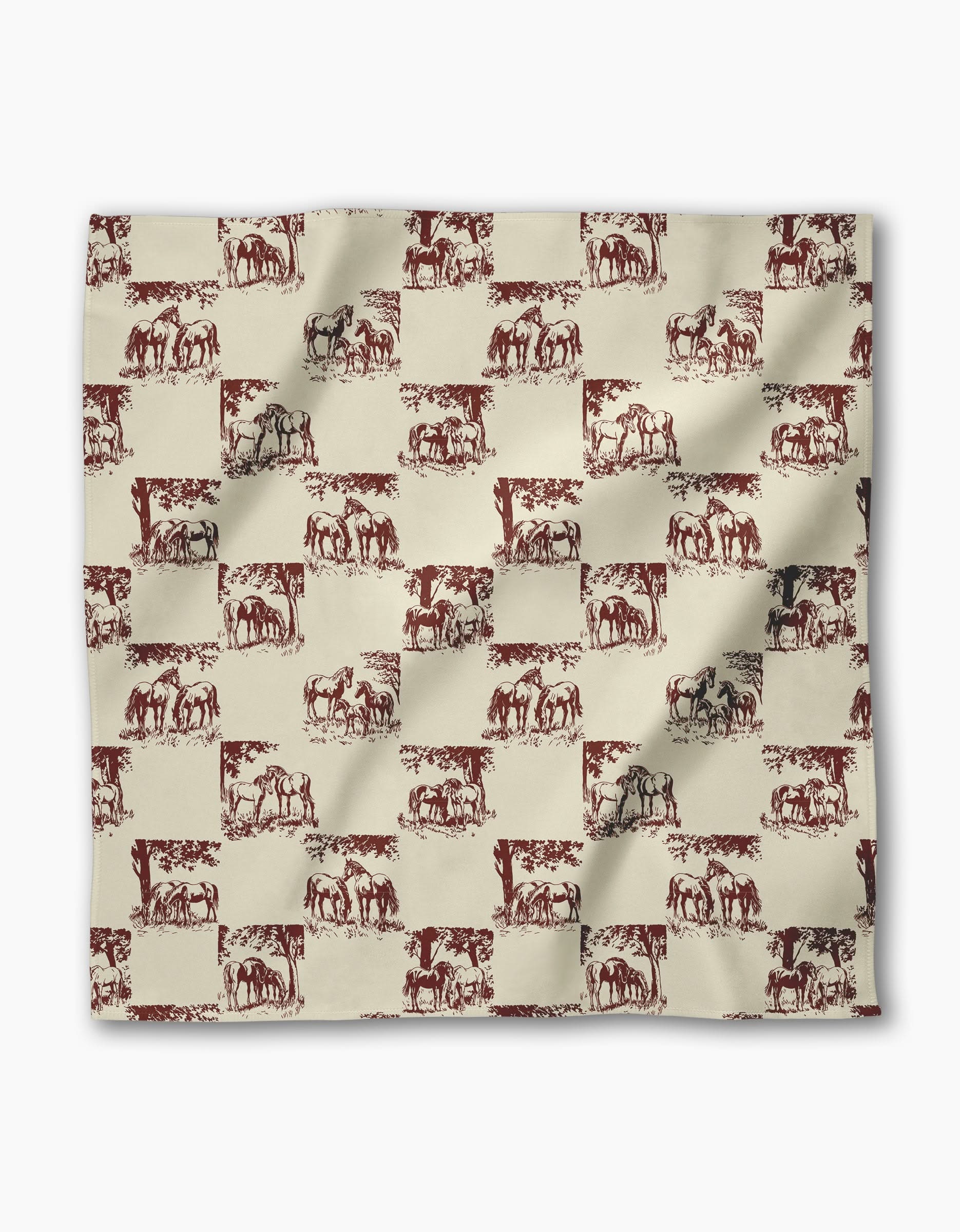 The Geometry Horse Check Cream fabric square features a repeating pattern of vintage-style horses in red and dark gray on a beige checkered background, adding charm to any reusable dinner napkin set.