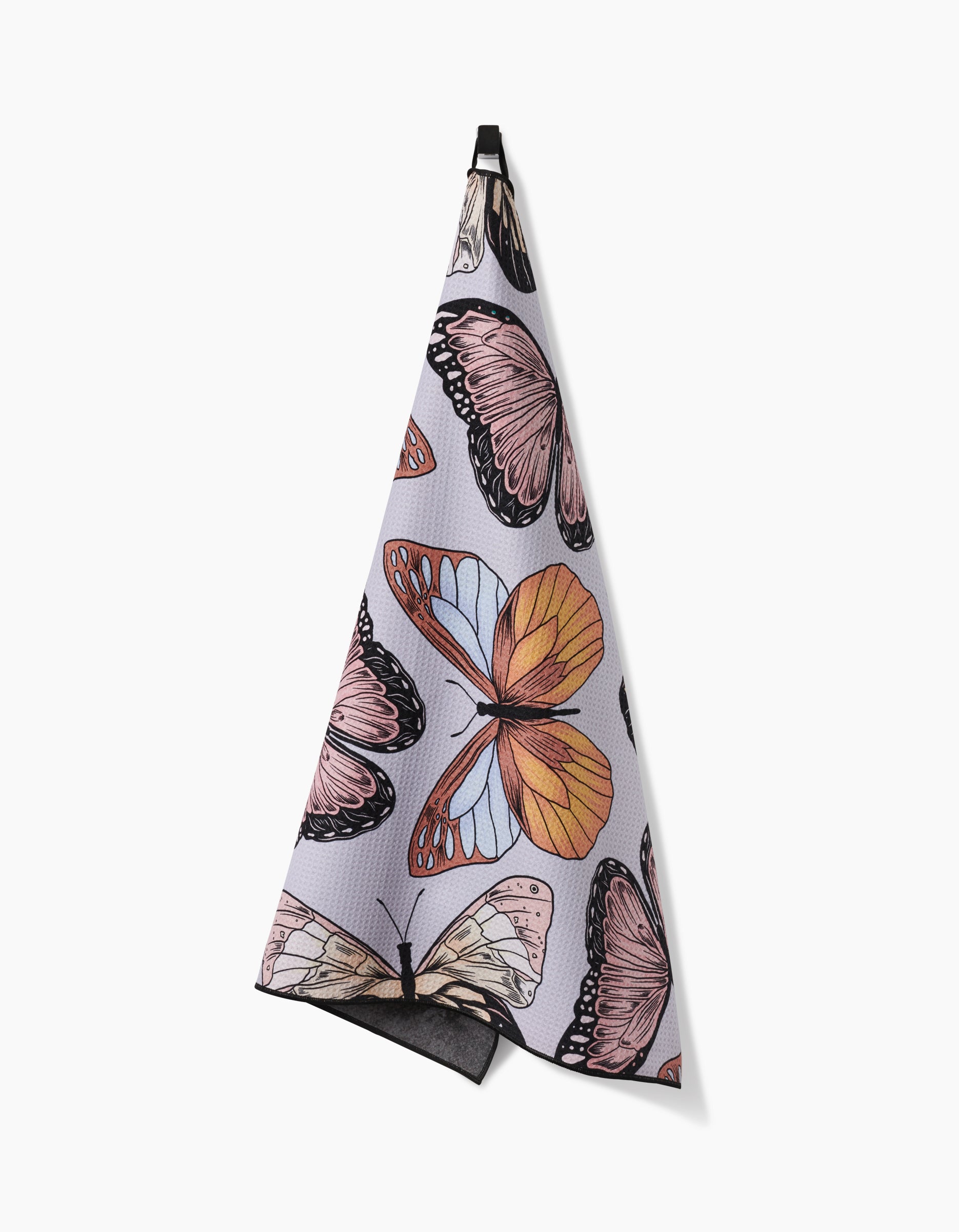 The Geometry Cute Butterflies hanging towel is highly absorbent and features a colorful butterfly pattern in pink, orange, and cream on a light background.