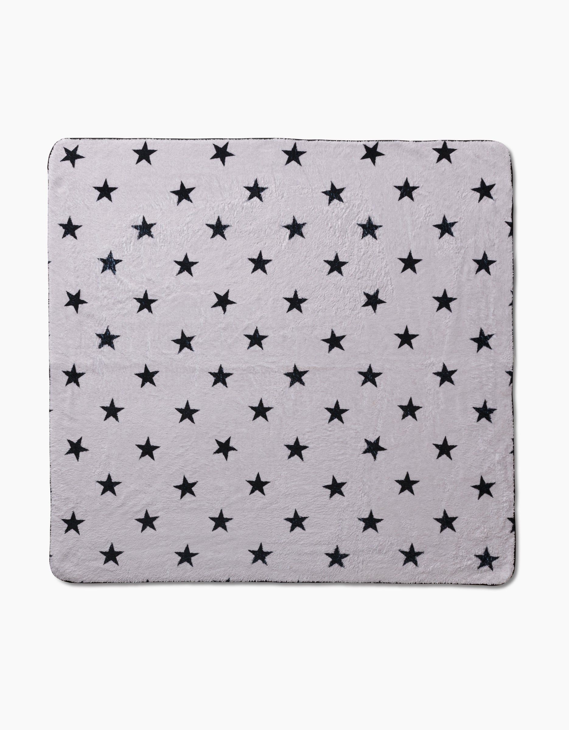 The Geometry Bark dog towel features a square shape, light gray color, soft plush texture, and ultra-absorbency. Its entire surface is patterned with evenly spaced black stars on a light gray background.