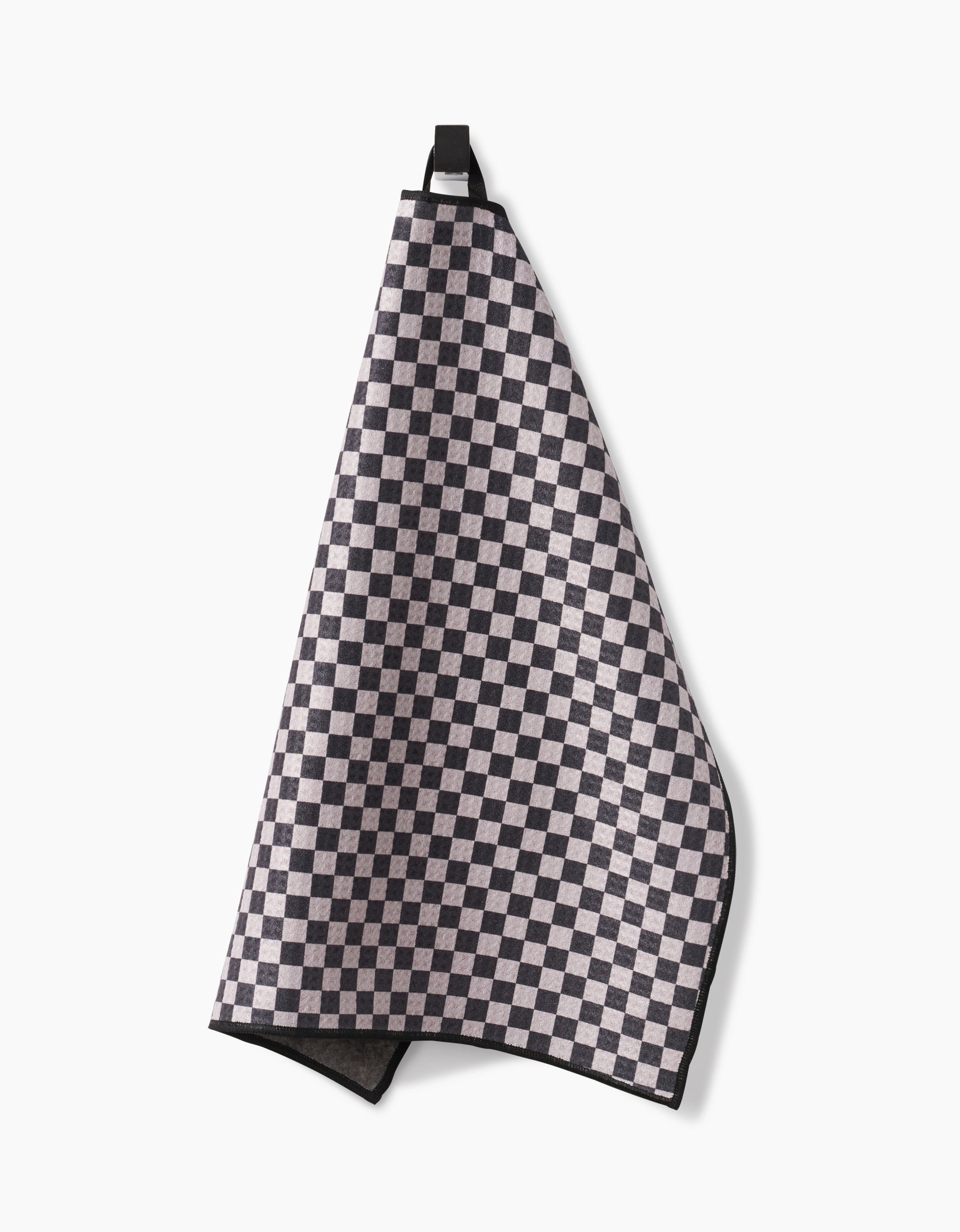 The Geometry Cool Pup is a hanging towel crafted from ultra-absorbent Geoweave fabric, featuring a black and light gray checkered pattern, shown against a white background.