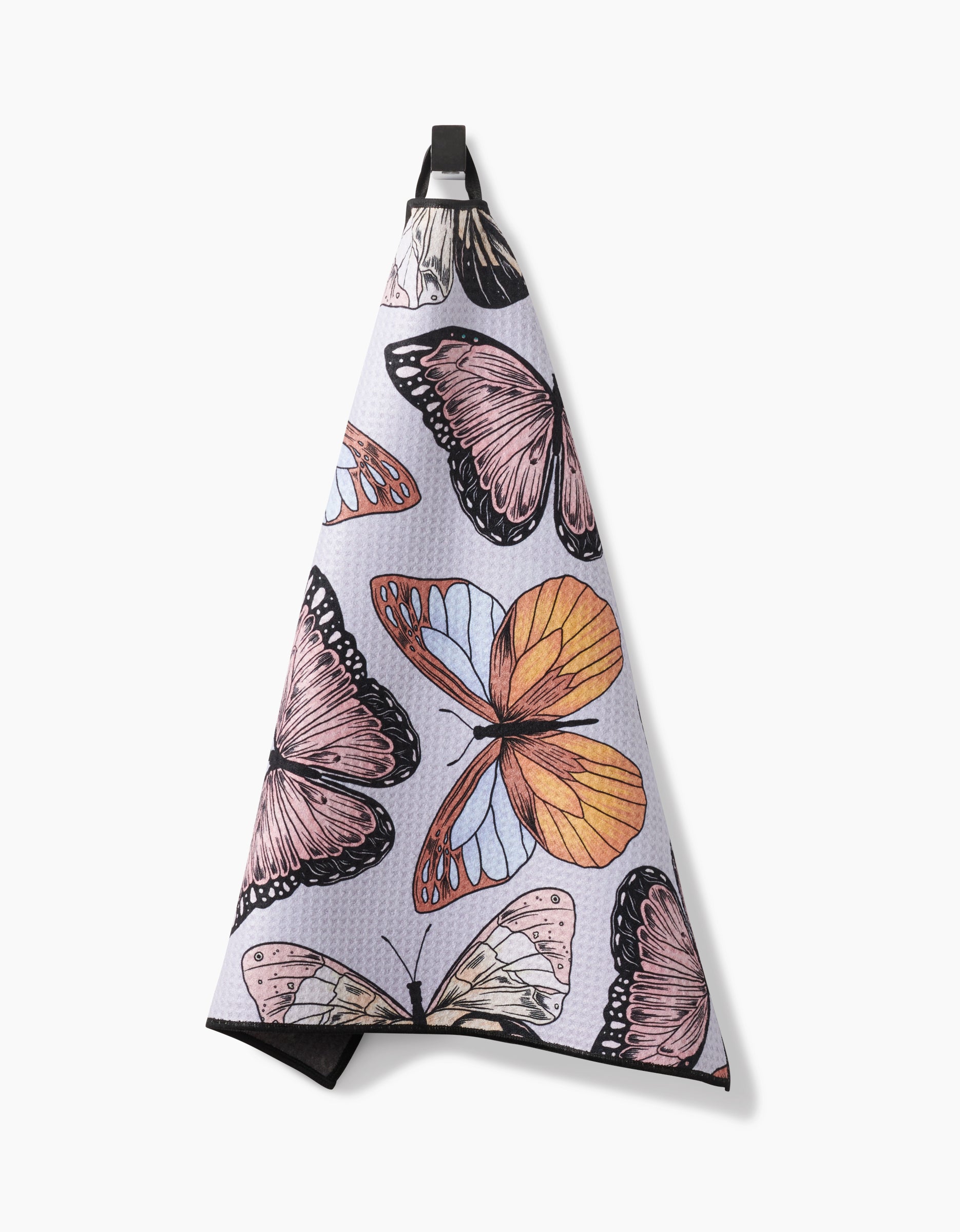The Geometry Cute Butterflies hanging kitchen towel features ultra-absorbent Geoweave fabric and a colorful butterfly print in pink, orange, and blue on a light background, with a black loop for easy hanging.