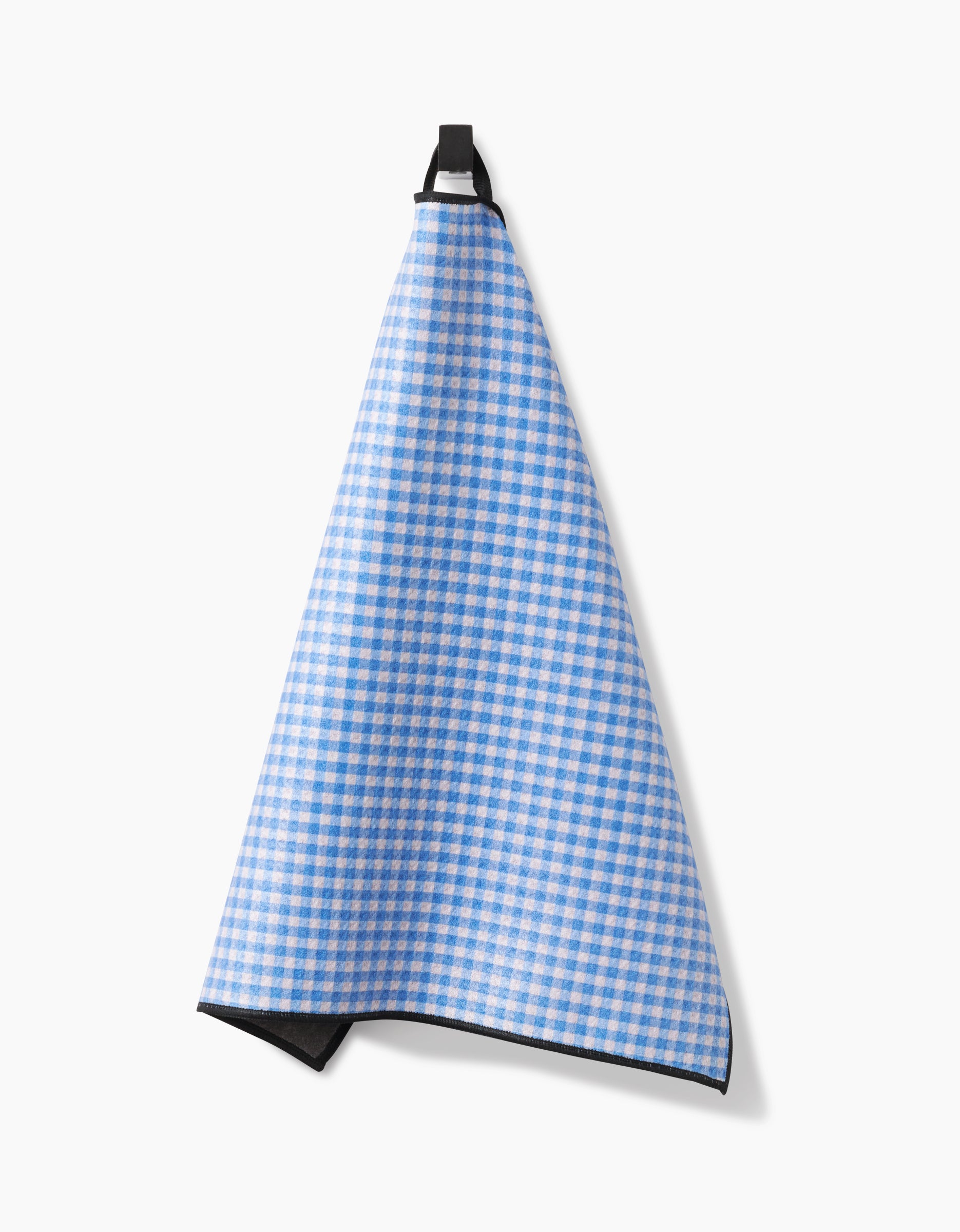 A Dog Delight kitchen towel by Geometry, crafted from ultra-absorbent Geoweave fabric, features a blue and white checkered design and hangs from a black loop against a white background.
