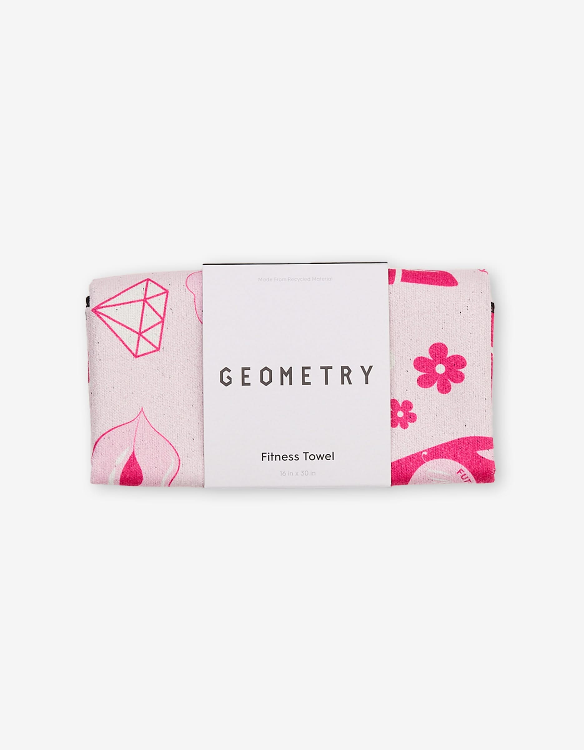 A folded pink and white fitness towel with geometric and floral designs, labeled GEOMETRY Cheers on the packaging, neatly wrapped with a white paper band. Ultra-absorbent, perfect for workouts.