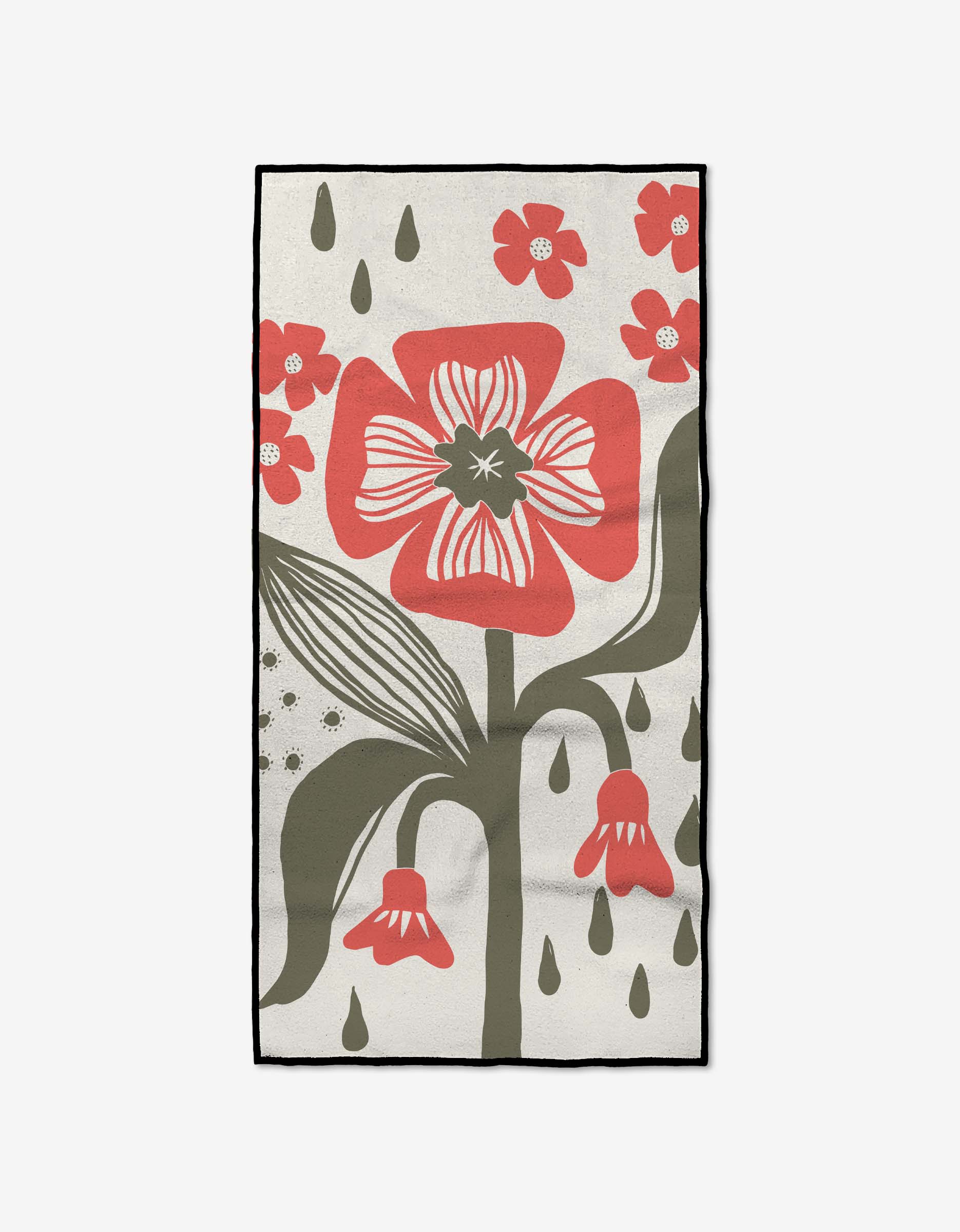 The Ash Cascade Flower Stamp fitness towel is ultra-absorbent and rectangular, with a floral design featuring large red and small flowers, white accents, green stems, leaves, and raindrop shapes on a light background.