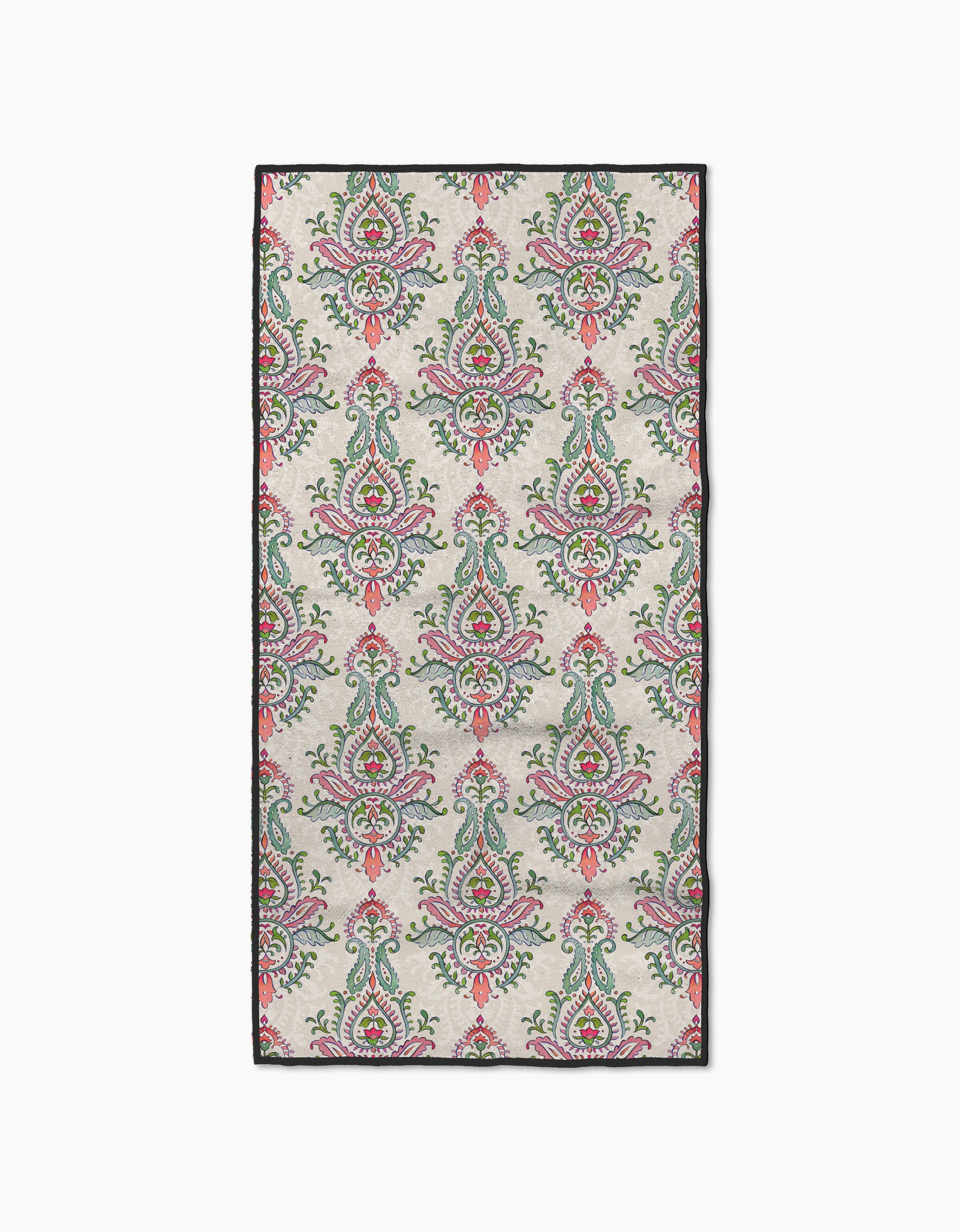 The Memento rug by Maayan Alper-Swan features an intricate paisley design in pink, green, and red on a cream background with a dark border, crafted from recycled materials for an eco-friendly, stylish touch.