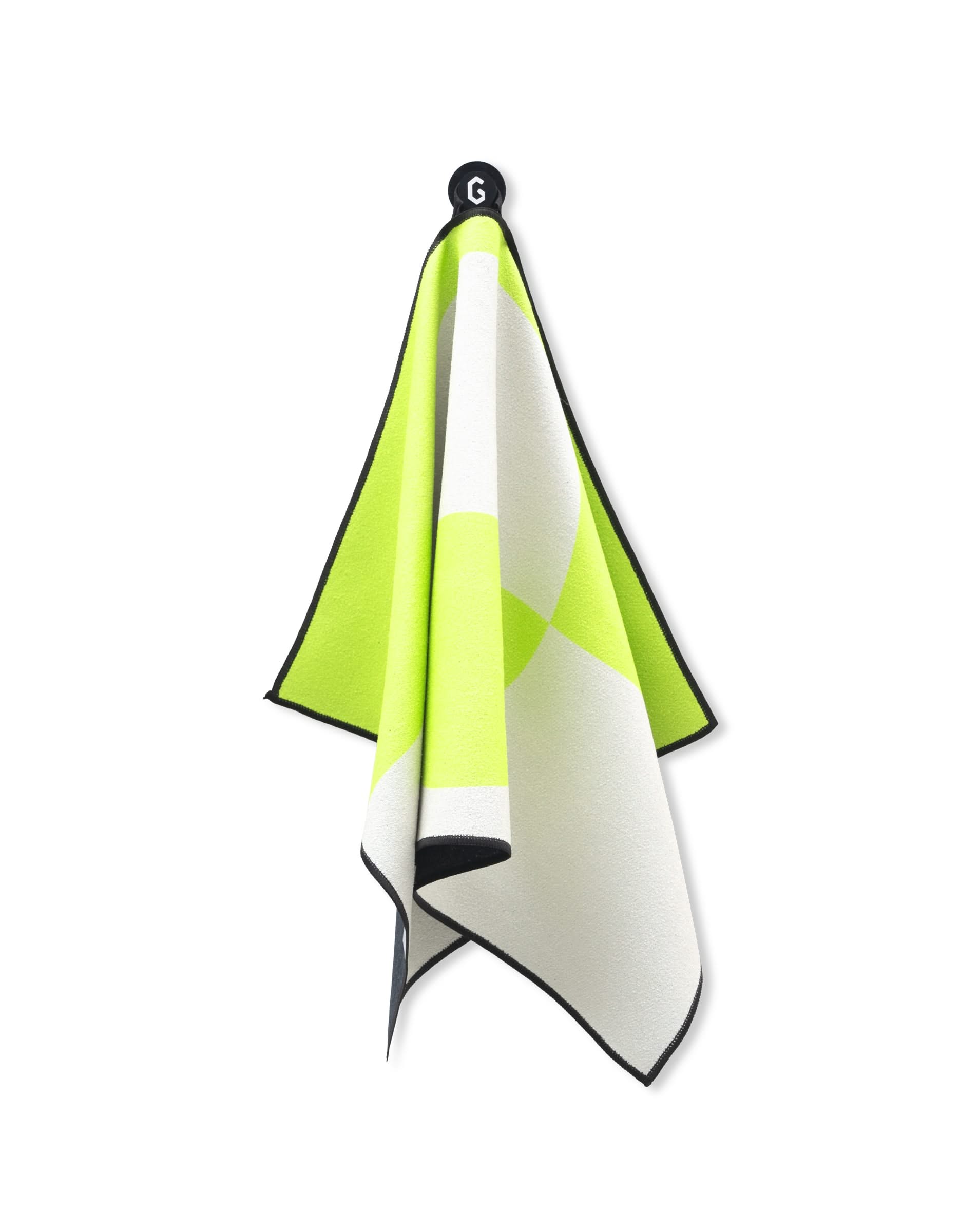 The GEOMETRY Magna - Modern Edge fitness towel features a white base with bold yellow-green geometric patterns, black trim edges, and a black hanging loop. Made from ultra-absorbent recycled materials, it is shown against a white background.