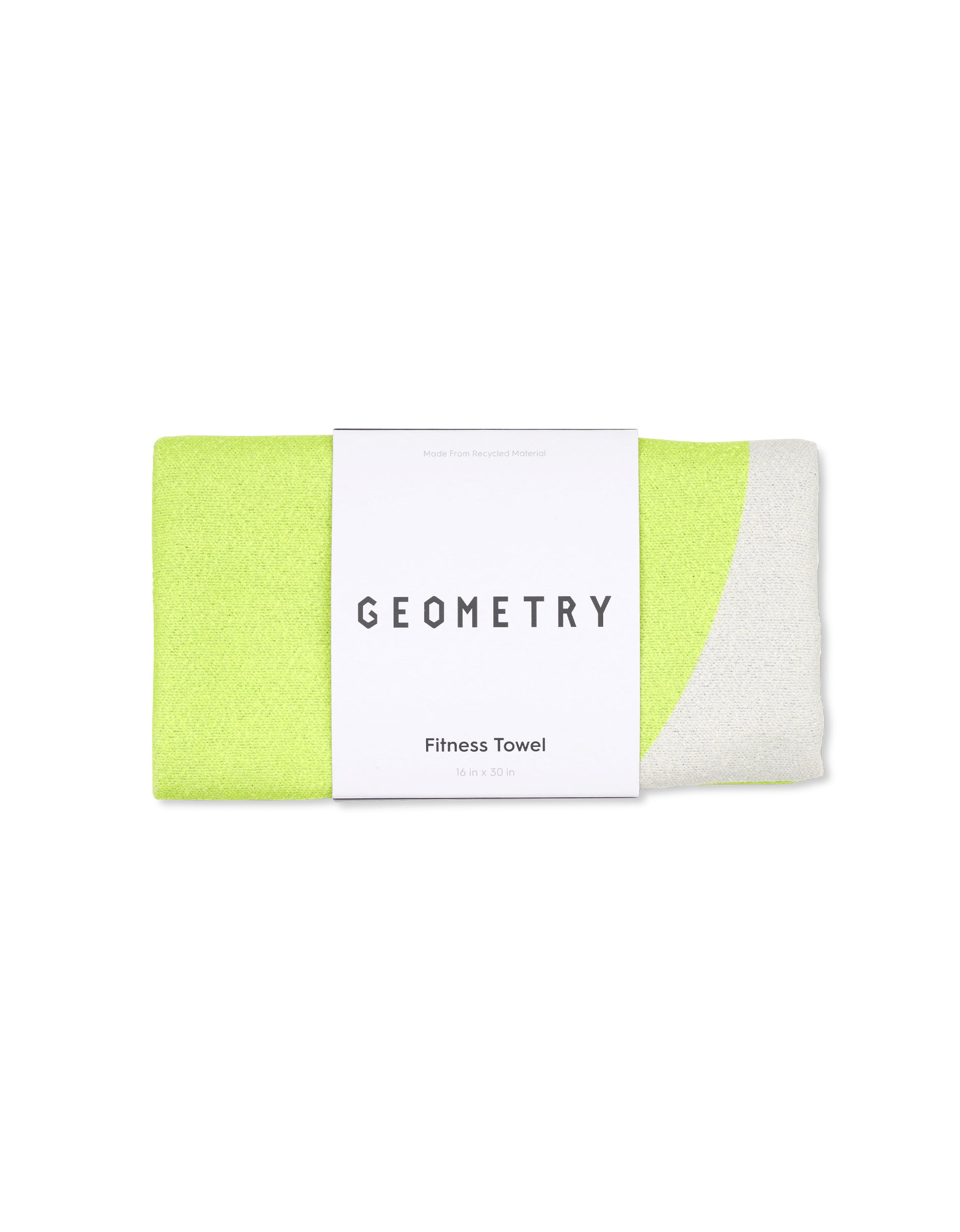 A folded lime green GEOMETRY Magna - Modern Edge fitness towel, made from recycled materials, with a white curved section on one side and a white label reading GEOMETRY Fitness Towel.